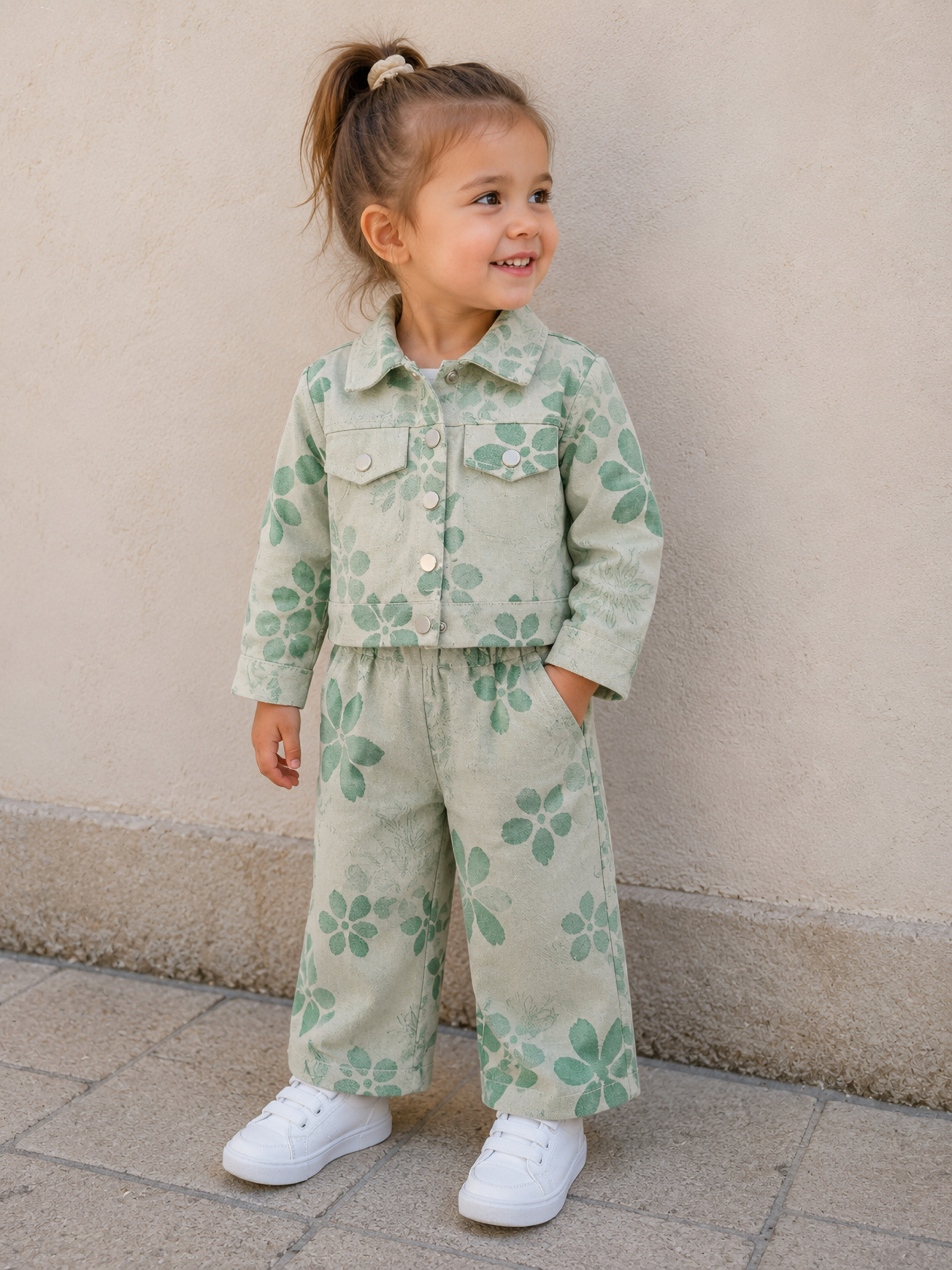 Mayorista Chicaprie - Conjunto para Bebé Niña con Chaqueta Corta y Pantalón Ancho de Flores – Atuendo Bohemio Chic Estilo Denim