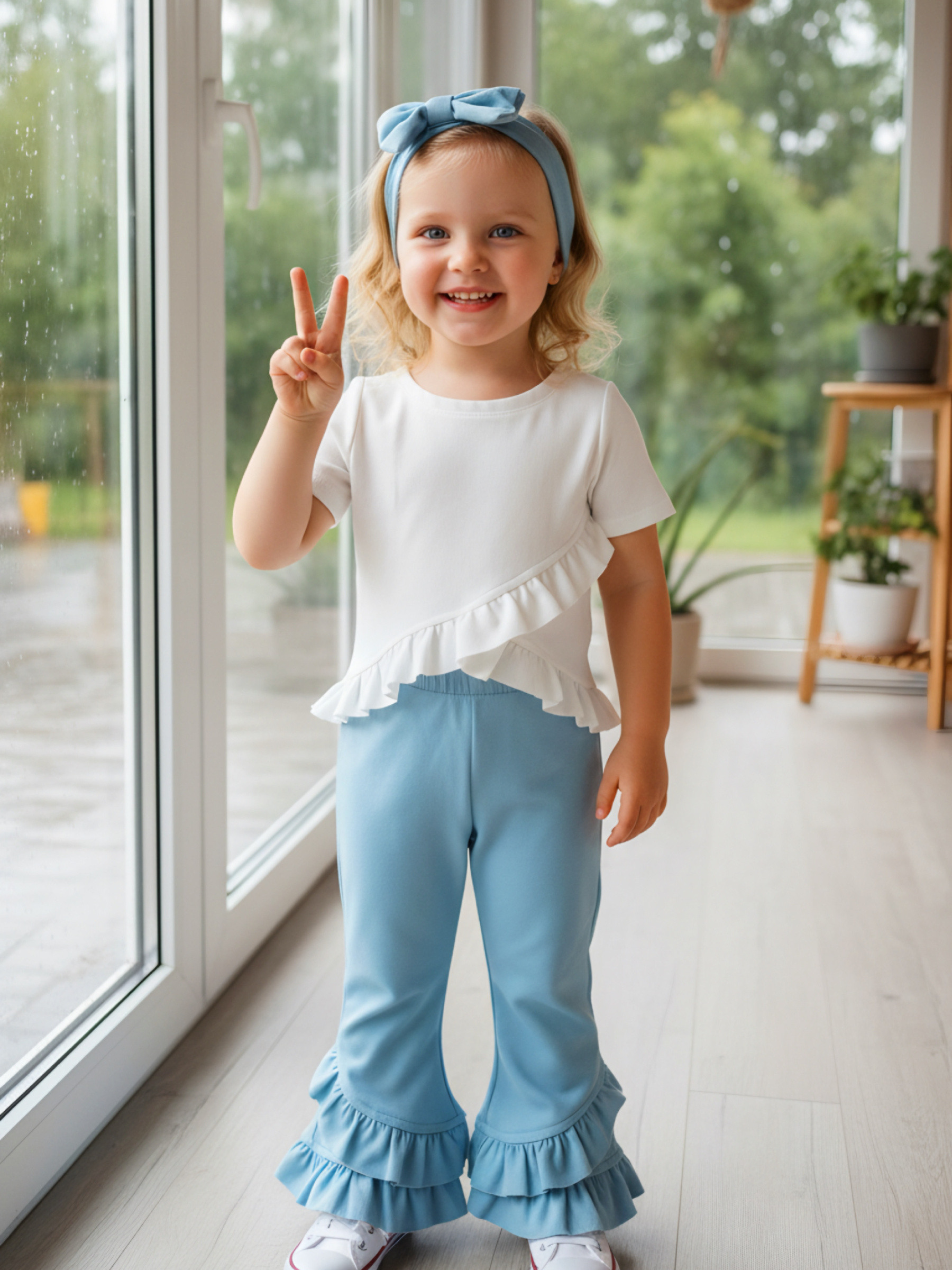 Wholesaler Chicaprie - Top And Pants Set Solid Color Crossed Ruffles With Headband Bow Baby Girl