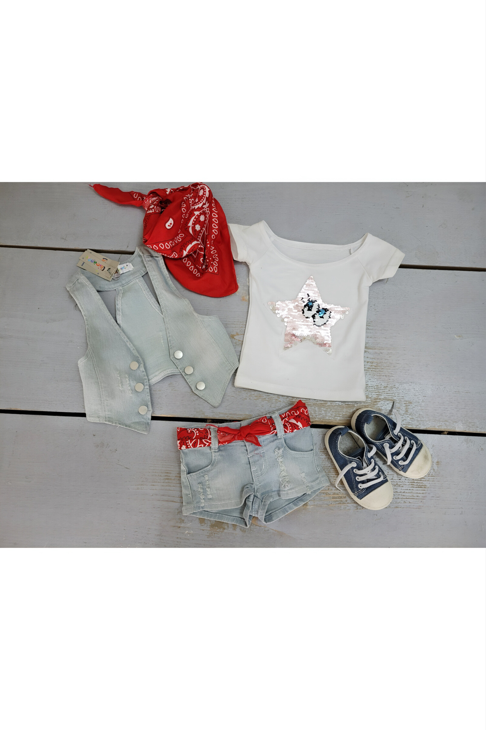 Grossiste Chicaprie - Ensemble Gilet Et Short Jeans Foulard Style Urbain Country Bébé Fille