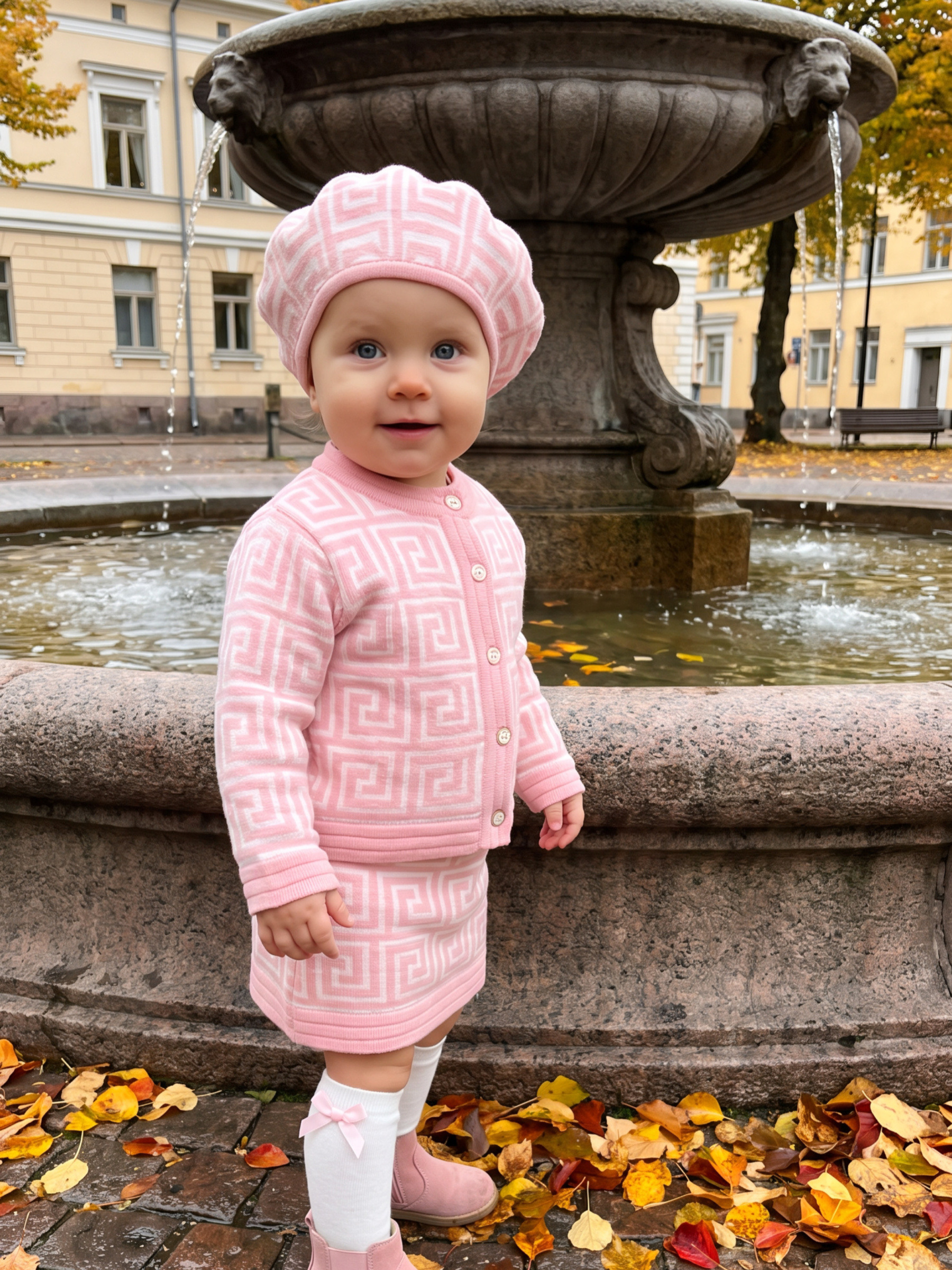 Grossiste Chicaprie - Ensemble Gilet Manches Longues Et Jupe Courte Avec Béret Maille A Motif Géométrique Cocon Bébé Fille
