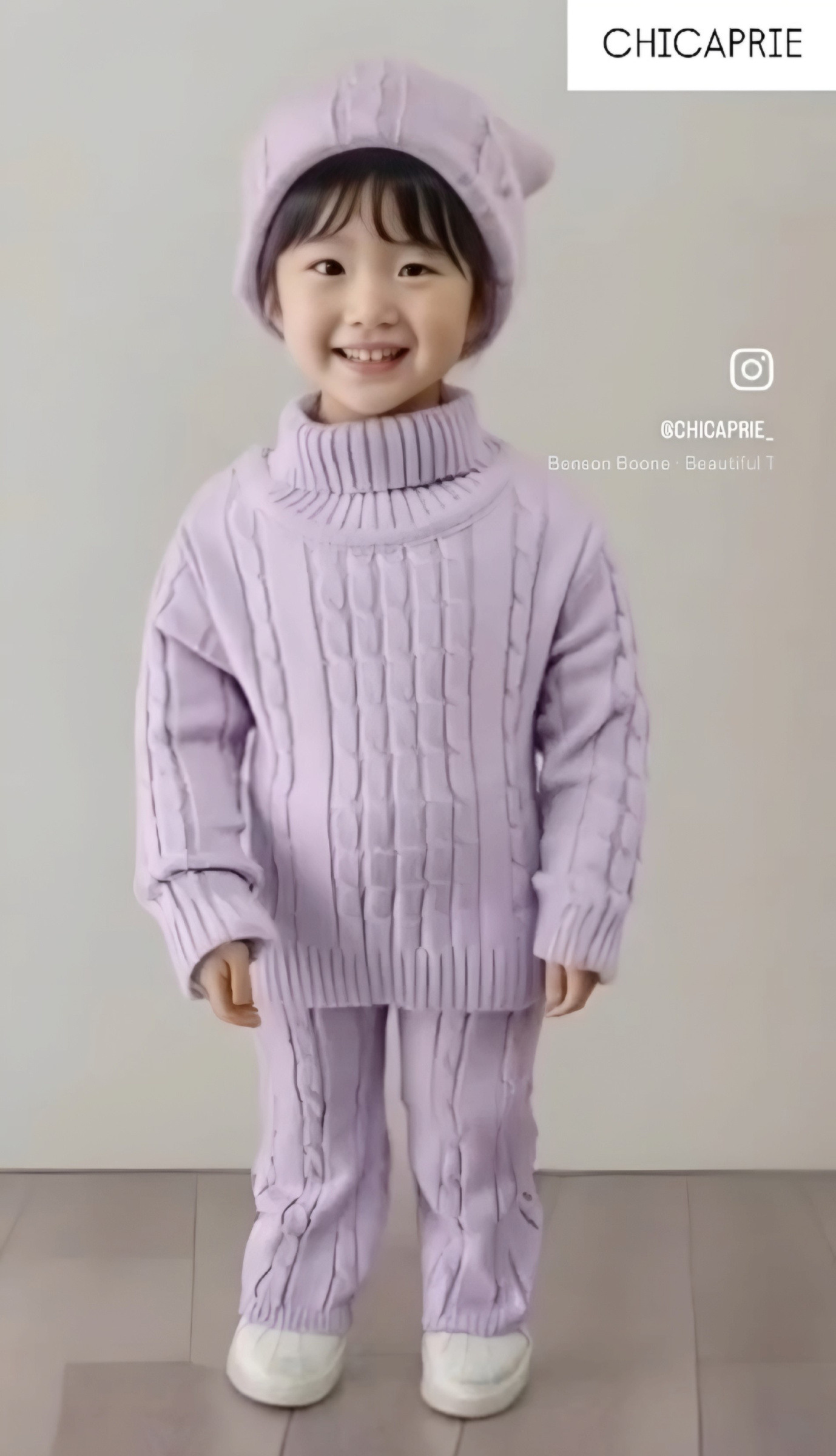 Grossiste Chicaprie - Ensemble Pull Col Roulé Avec Pantalon Et Bonnet Maille Uni Style Torsadé Cocon Bébé Fille