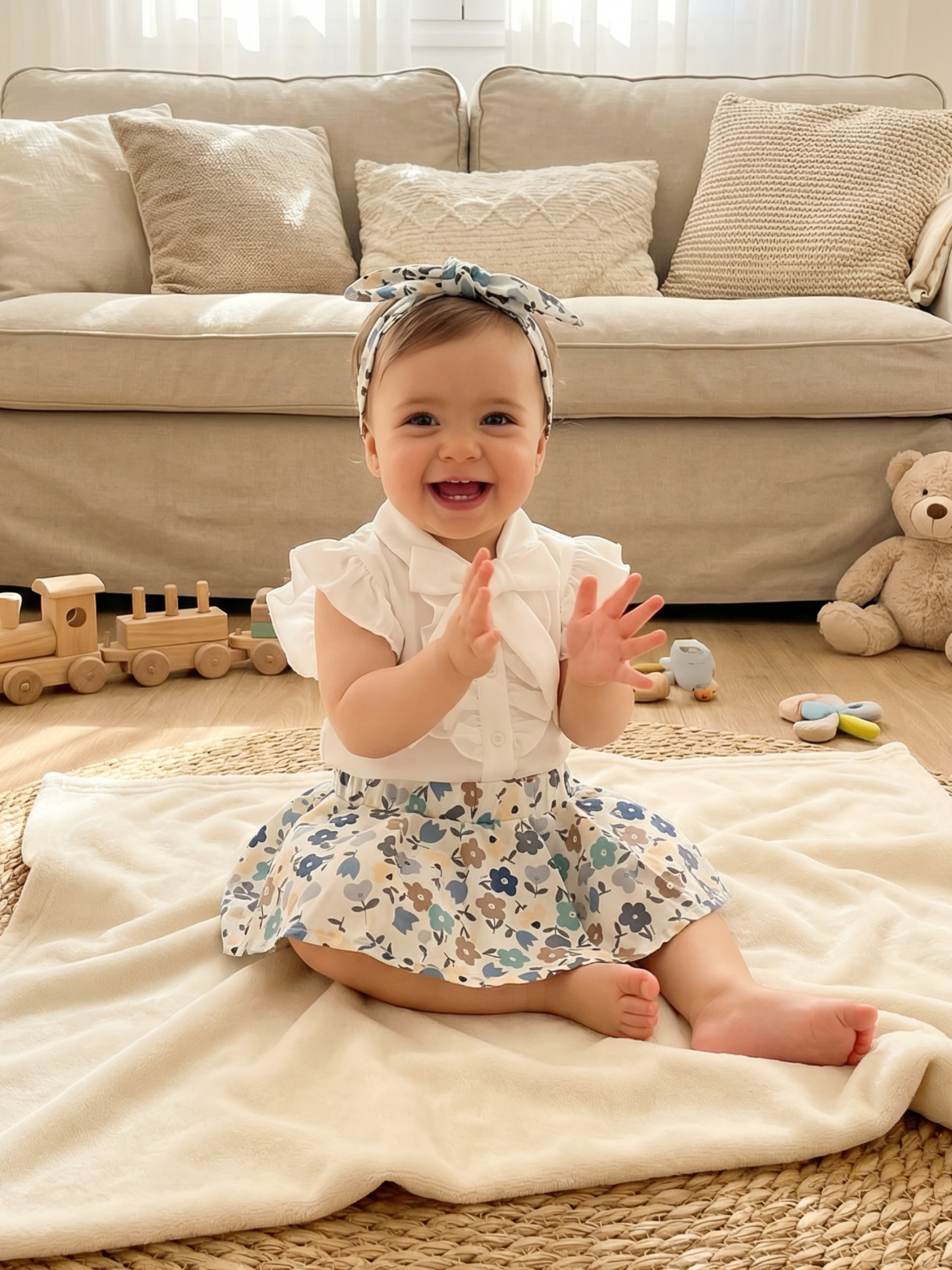 Großhändler Chicaprie - Baby-Mädchen-Set: Einfarbige Bluse mit Bubikragen und Rüschen, dazu kurzer Blumenrock