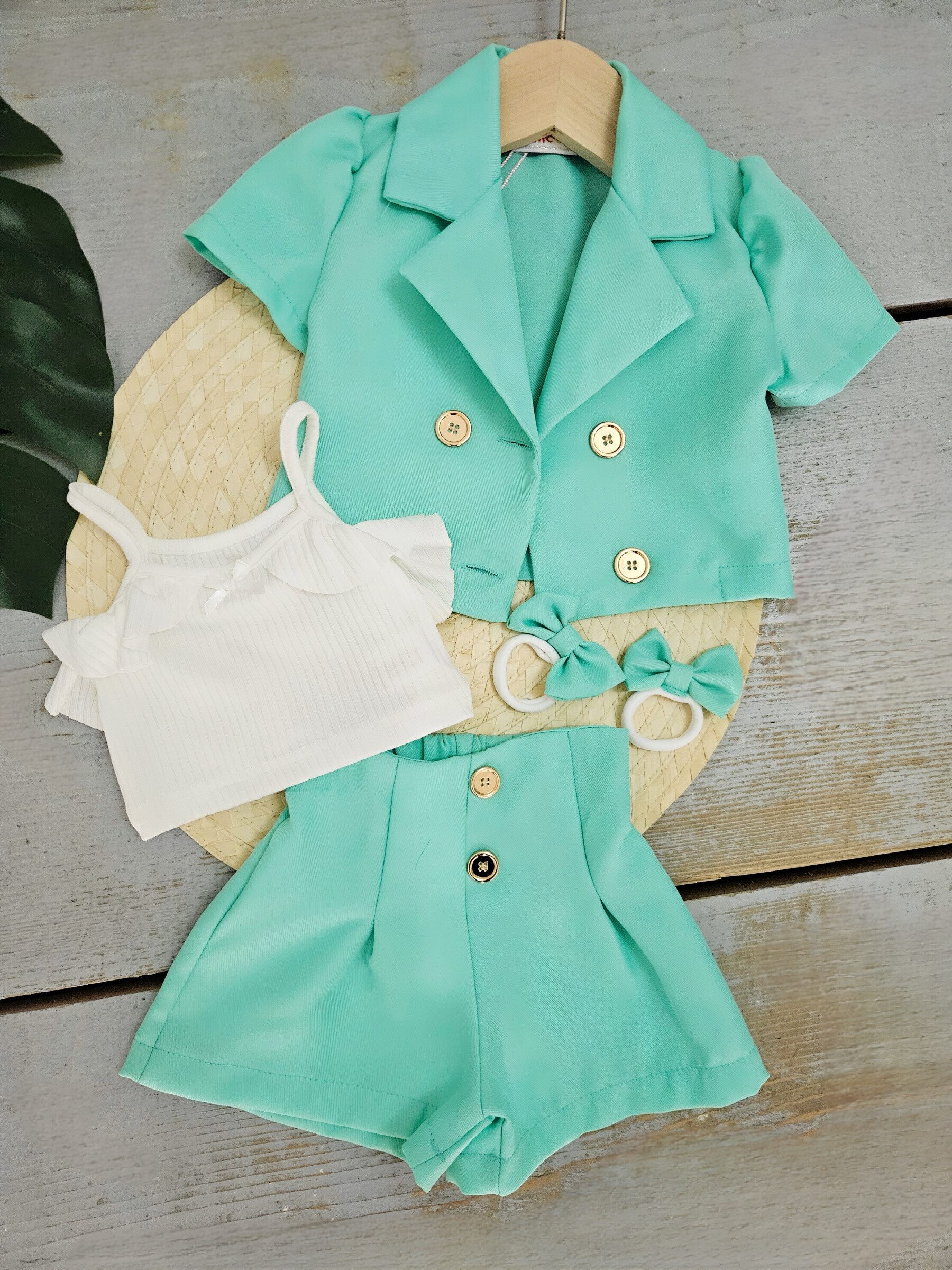 Wholesaler Chicaprie - Short Sleeve Blazer Style Jacket and Plain Urban Chic Shorts Set with Ruffled Tank Top for Baby Girl