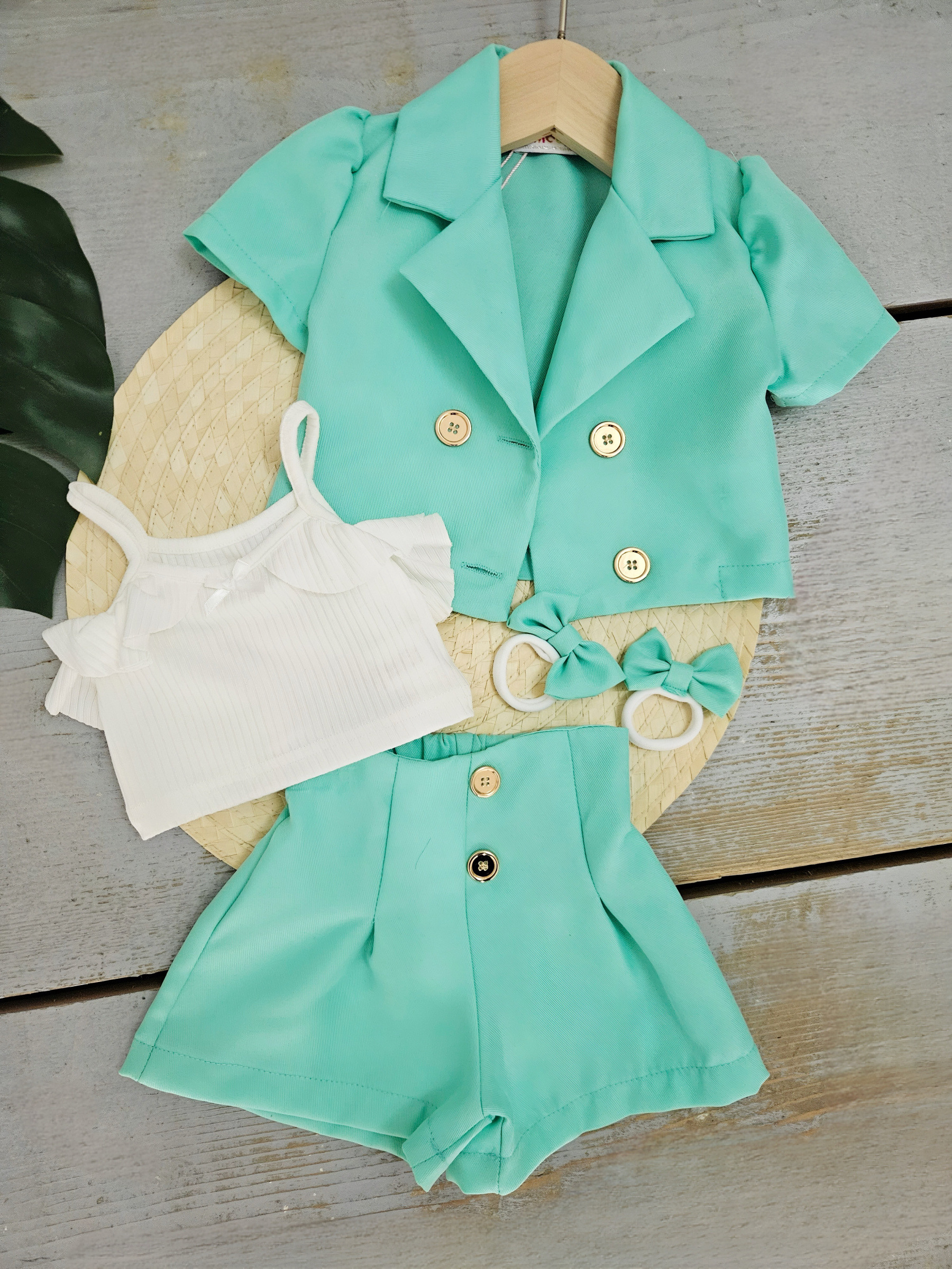 Wholesaler Chicaprie - Short Sleeve Blazer Style Jacket and Plain Urban Chic Shorts Set with Ruffled Tank Top for Baby Girl