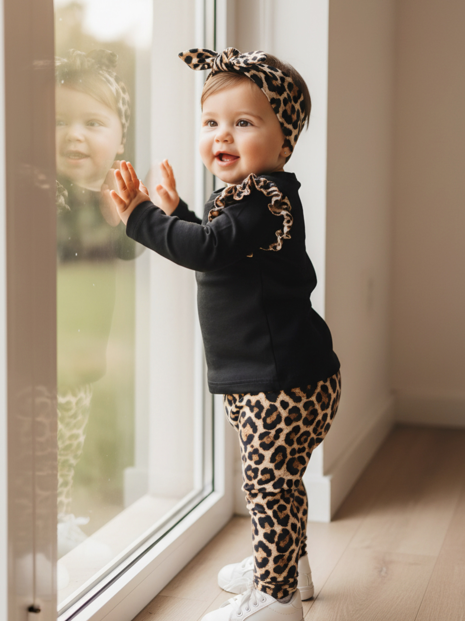 Großhändler Chicaprie - Einfarbiges Langarm-Volant-Top und Leoparden-Leggings-Set mit Baby-Mädchen-Stirnband