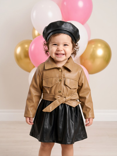 Mayorista Chicaprie - Vestido Bicolor de Imitación de Cuero Estilo Chaqueta con Cinturón y Boina Urbana para Bebé Niña Mayorista Chicaprie - Vestido Bicolor de Imitación de Cuero Estilo Chaqueta con Cinturón y Boina Urbana para Bebé Niña