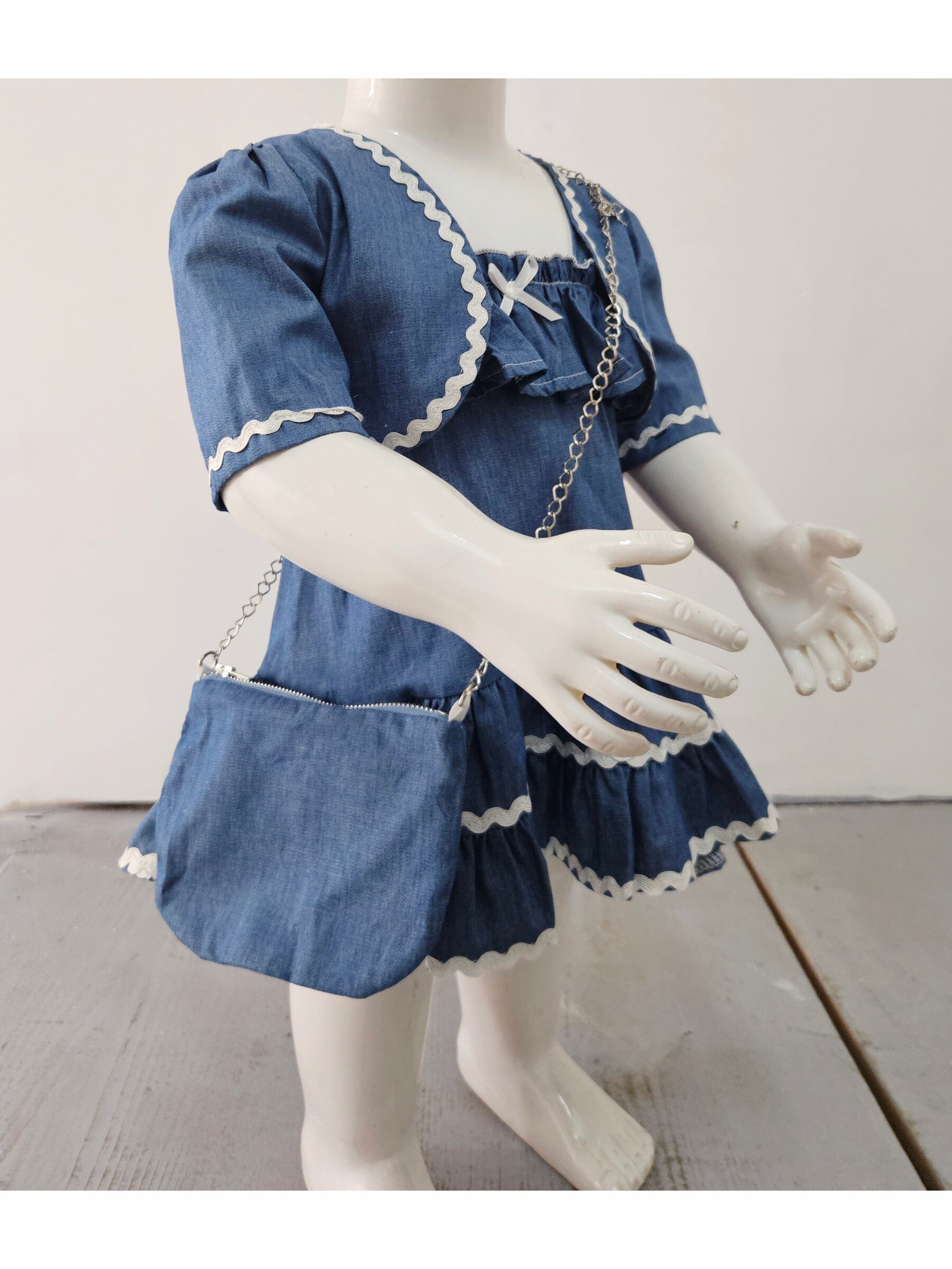 Mayorista Chicaprie - Conjunto de Bolero y Vestido Corto Estilo Denim para Bebé Niña con Lazo Plisado y Volantes
