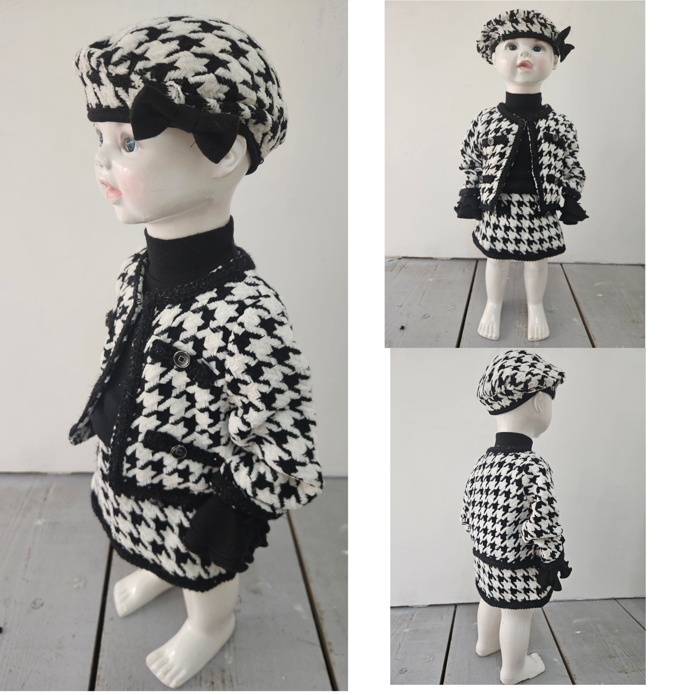 Wholesaler Chicaprie - Houndstooth Vest and Short Skirt Set, Solid Top with Ruffled Sleeves Baby Girl