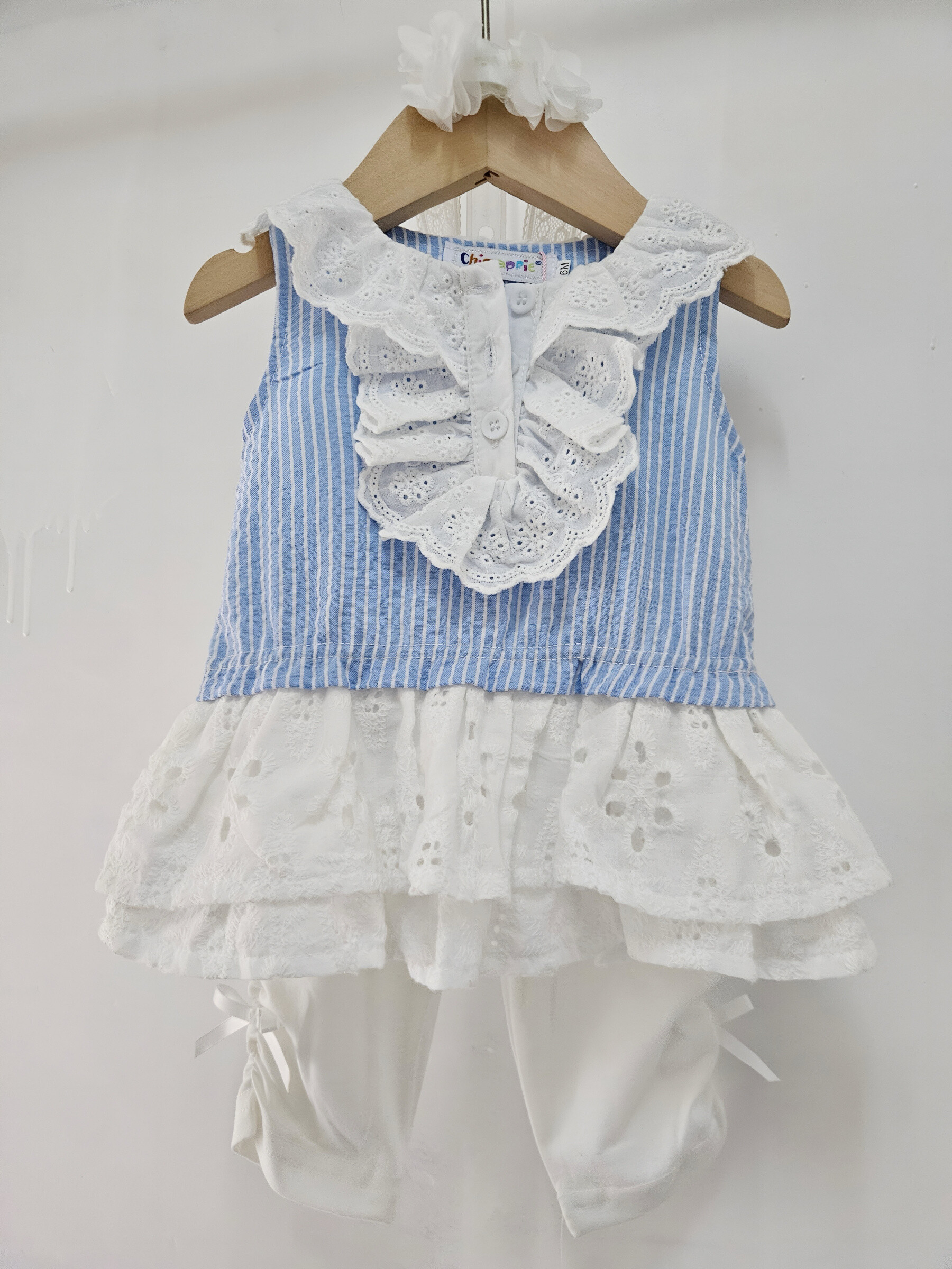 Großhändler Chicaprie - Gestreiftes, besticktes Kleid mit Rüschen und Spitze für Mädchen, plus einfarbige Leggings