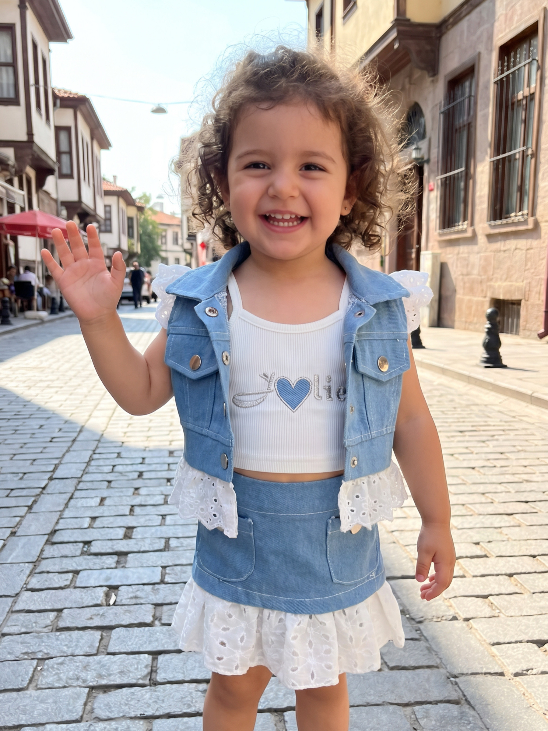 Grossiste Chicaprie - Ensemble Gilet Et Jupe Courte Jeans Avec Crop Top Finement Côtelé Urbain Bébé Fille