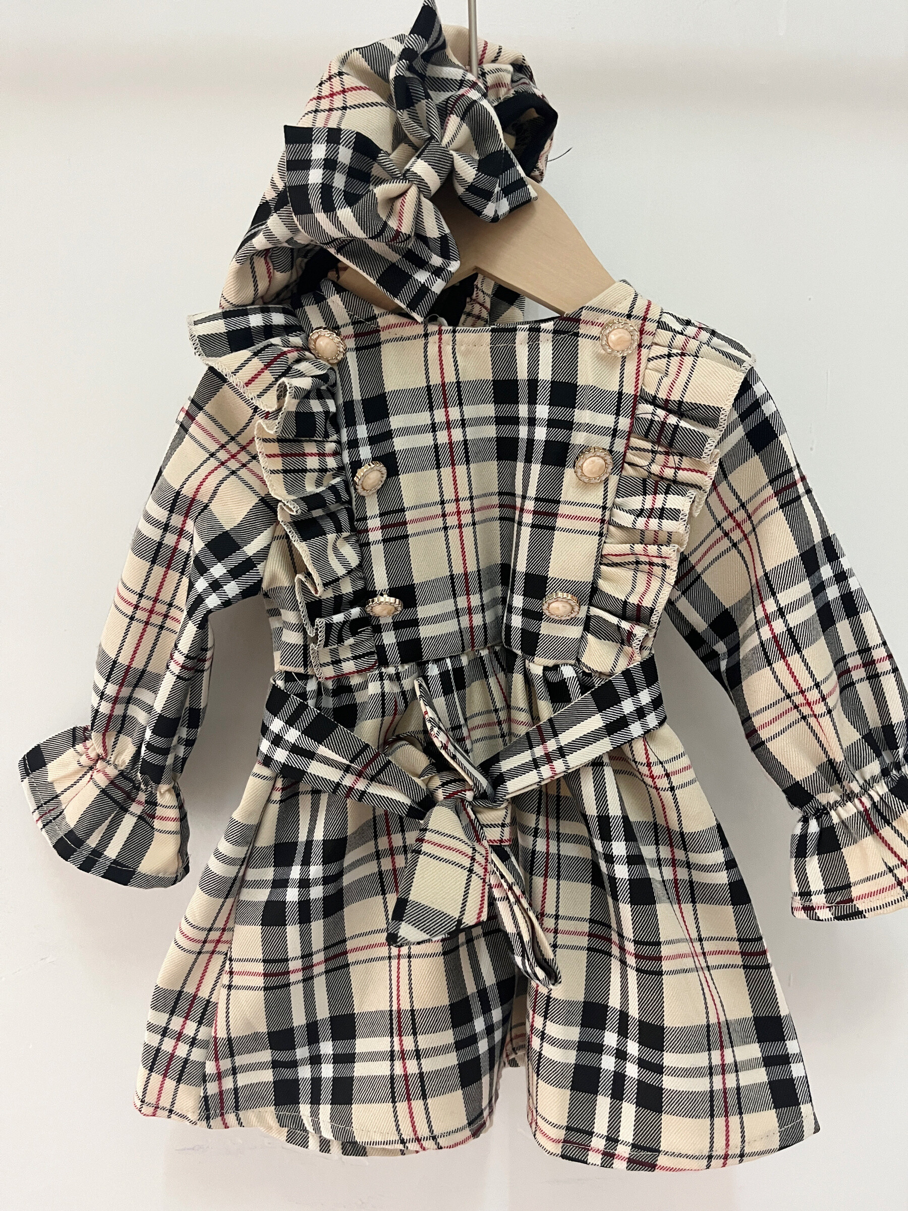 Mayorista Chicaprie - Vestido elegante y chic con estampado de cuadros escoceses, botones de perlas y boina con lazo para bebé niña