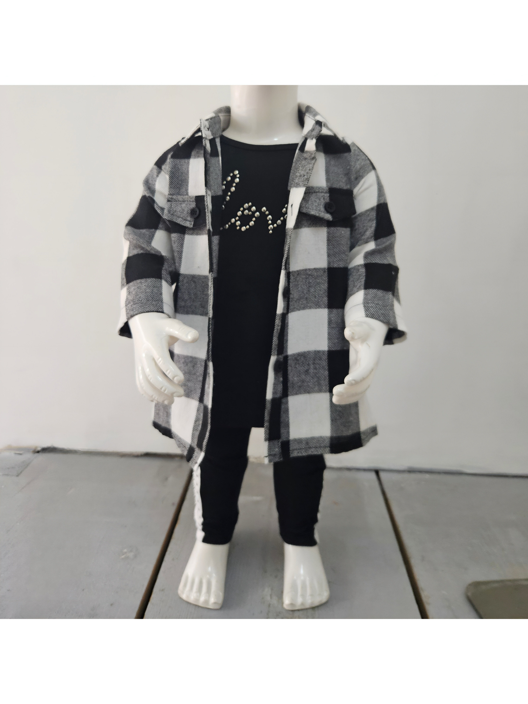 Großhändler Chicaprie - Karierte Overshirt-Kombination mit T-Shirt und Chic Baby Mädchen Pailletten-Leggings mit Nieten