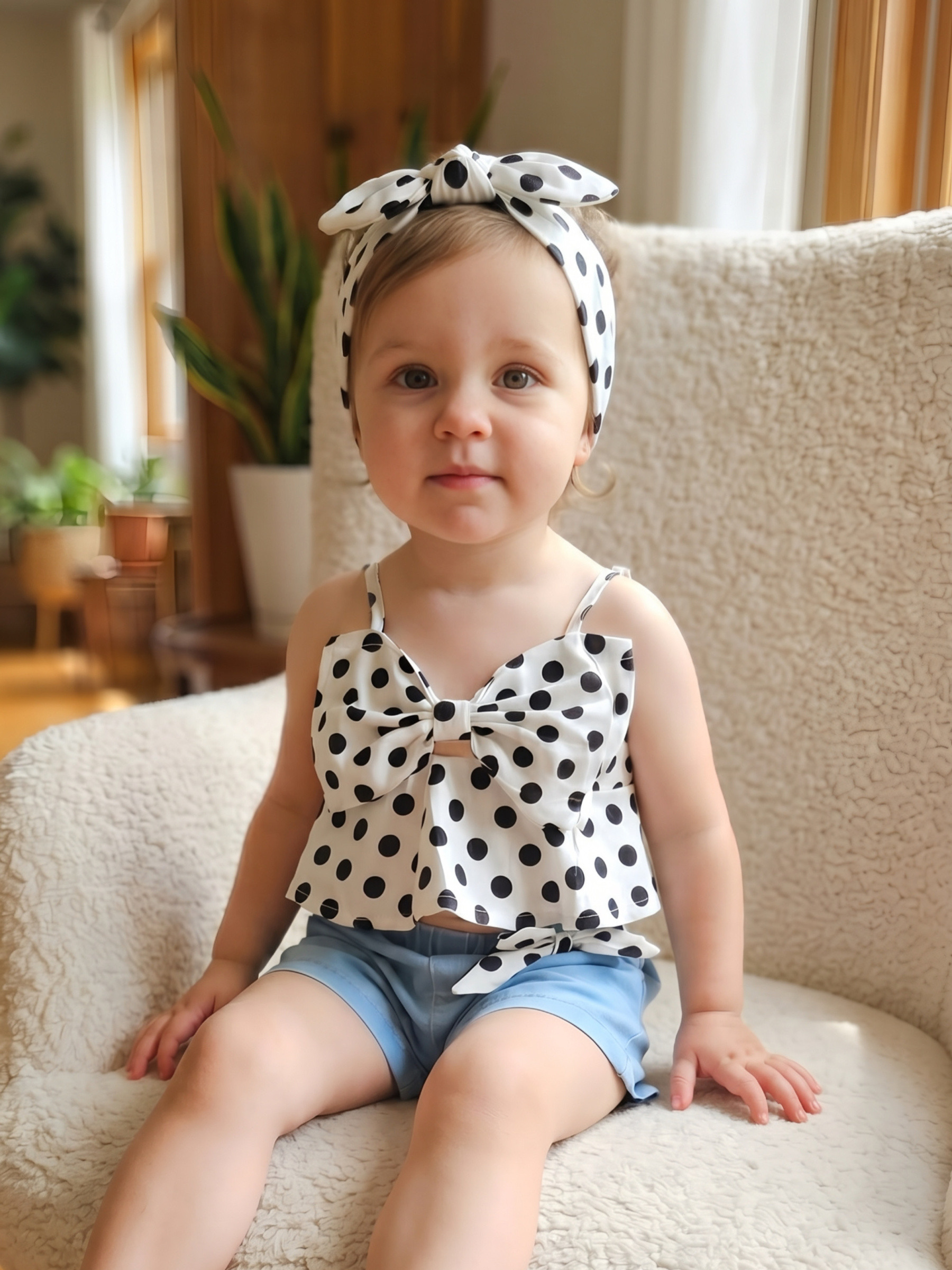 Grossiste Chicaprie - Ensemble Top Bretelles Imprimé Pois Avec Noeud Et Short Jeans Urbain Bébé Fille
