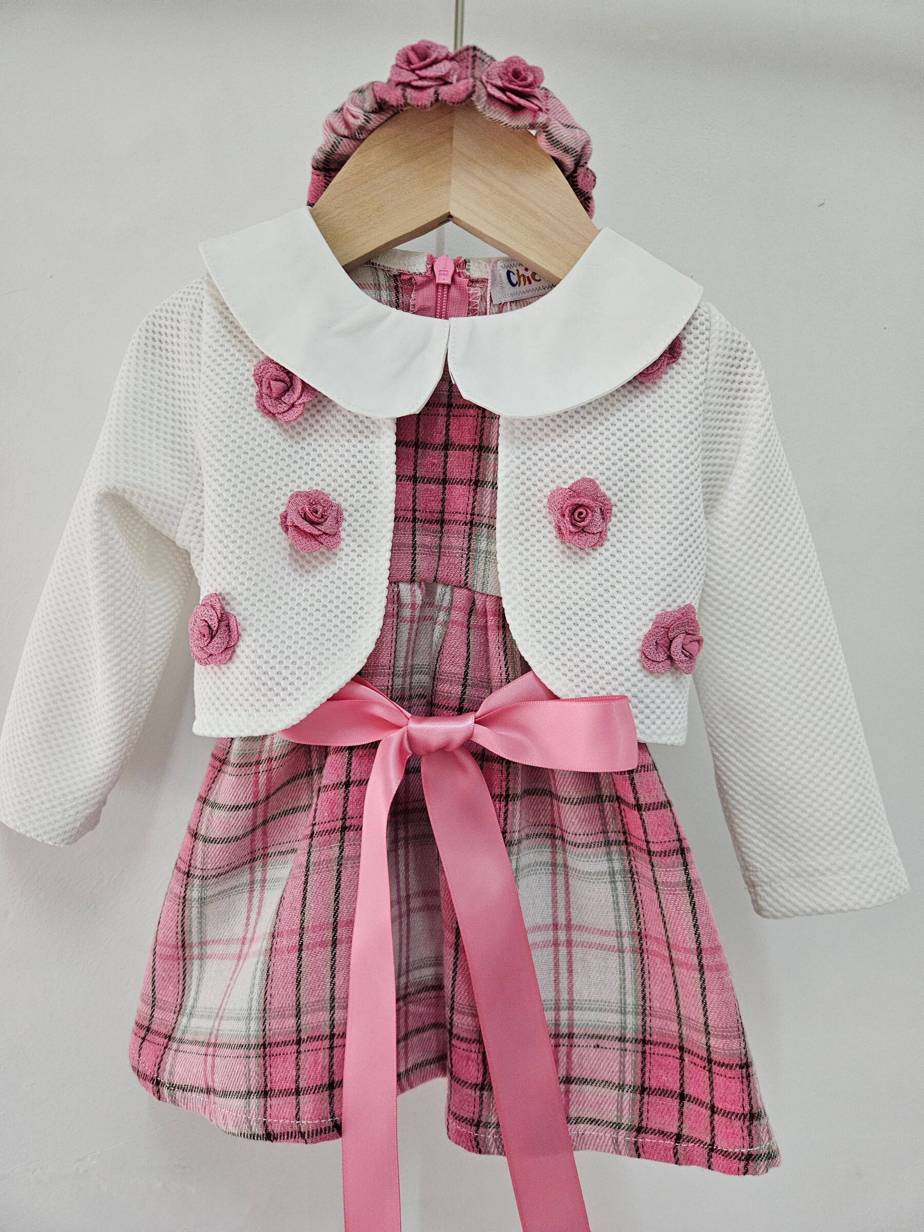 Mayorista Chicaprie - Conjunto de Bolero Floral, Vestido de Cuadros Escoceses con Cinta de Satén para Bebé Niña