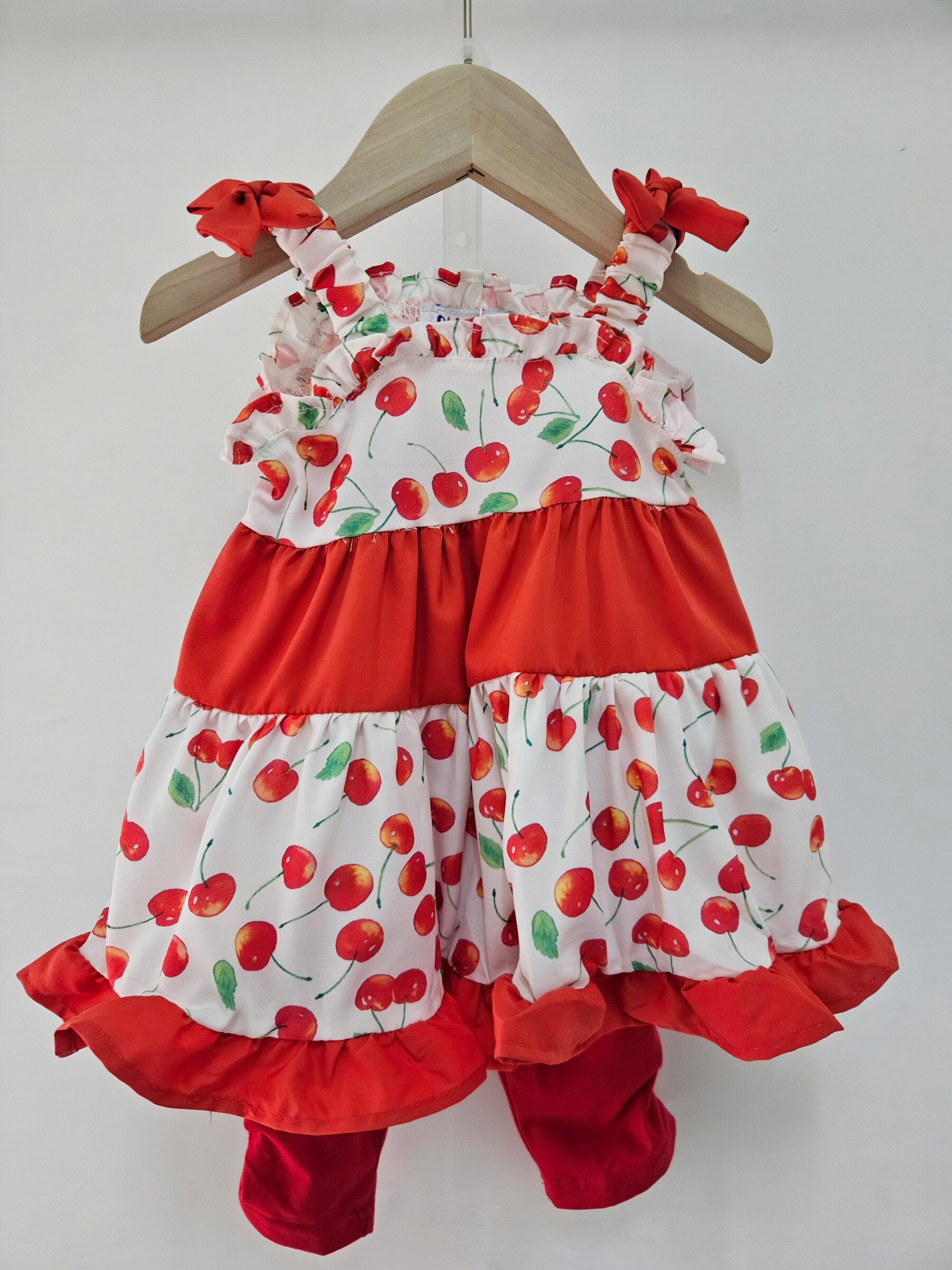 Grossiste Chicaprie - Ensemble Robe Bretelles Cerises Et Noeuds Avec Legging Uni Bébé Fille