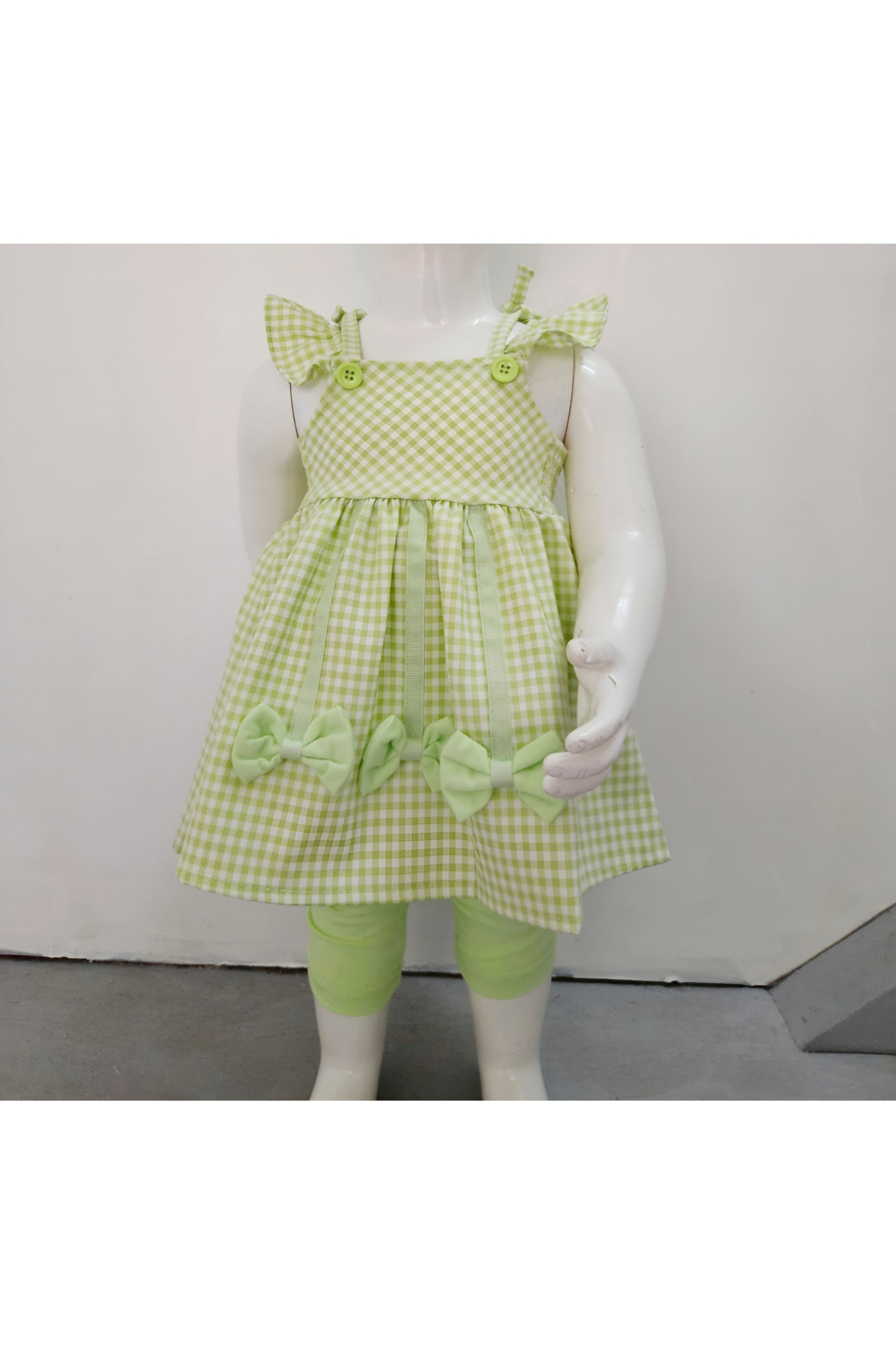 Wholesaler Chicaprie - Checked dress with bows, ruffled straps and plain leggings for baby girl