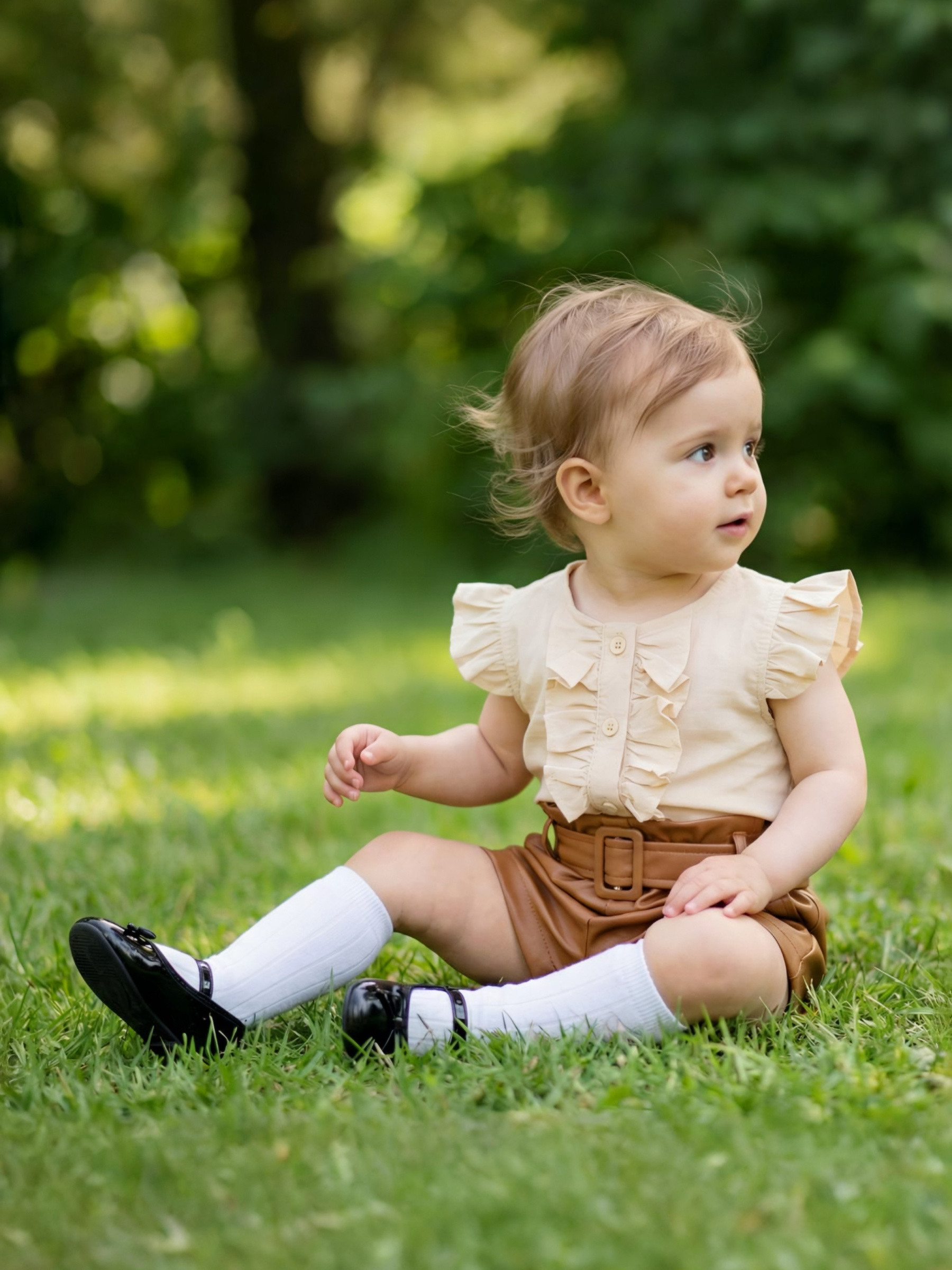 Grossiste Chicaprie - Chemise Uni Sans Manche Volants Et Bouton Fluide Et Légère Bébé Fille
