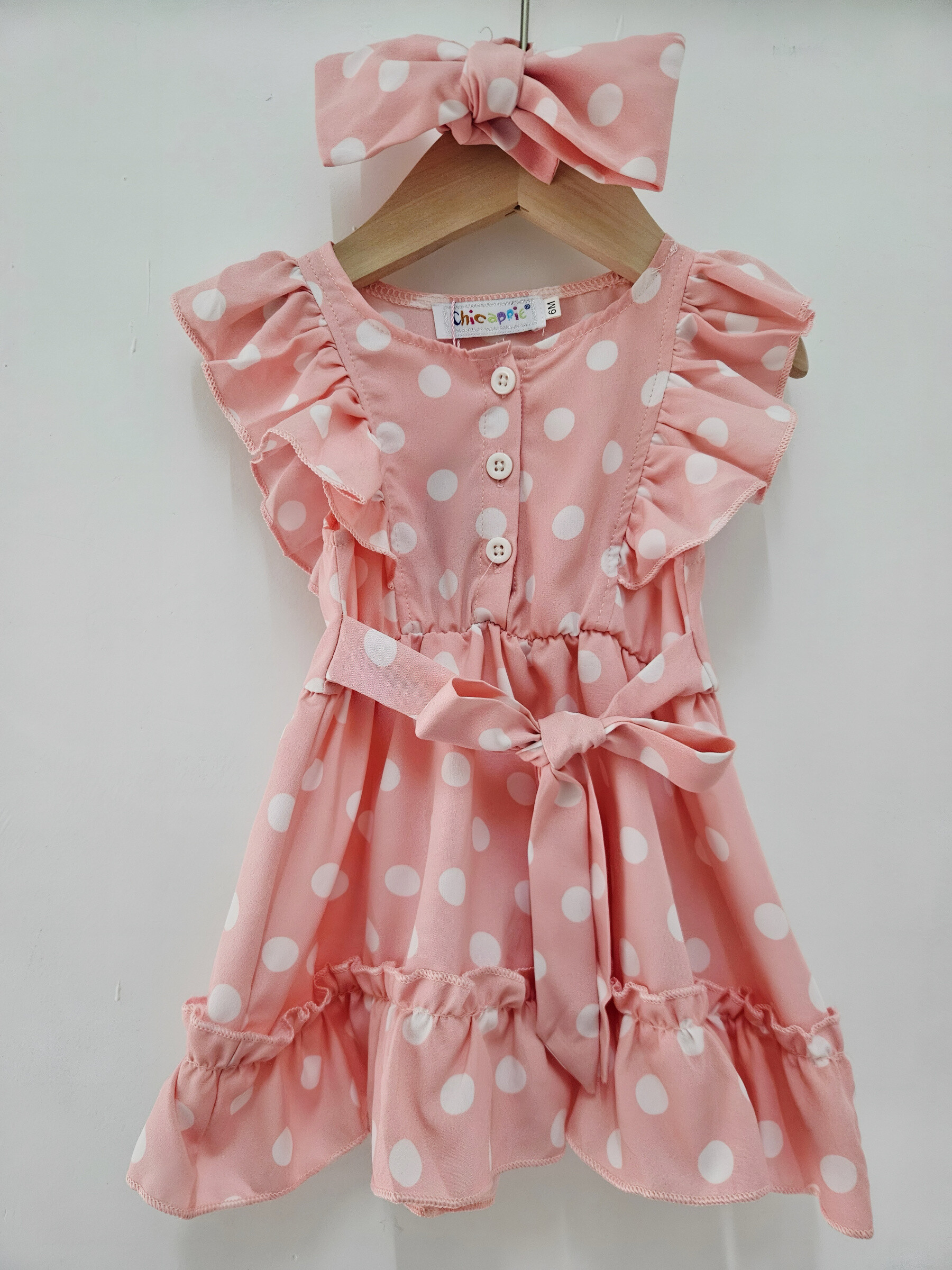 Grossiste Chicaprie - Robe Sans Manche Volants A Pois Avec Ceinture Fine Légère Bébé Fille