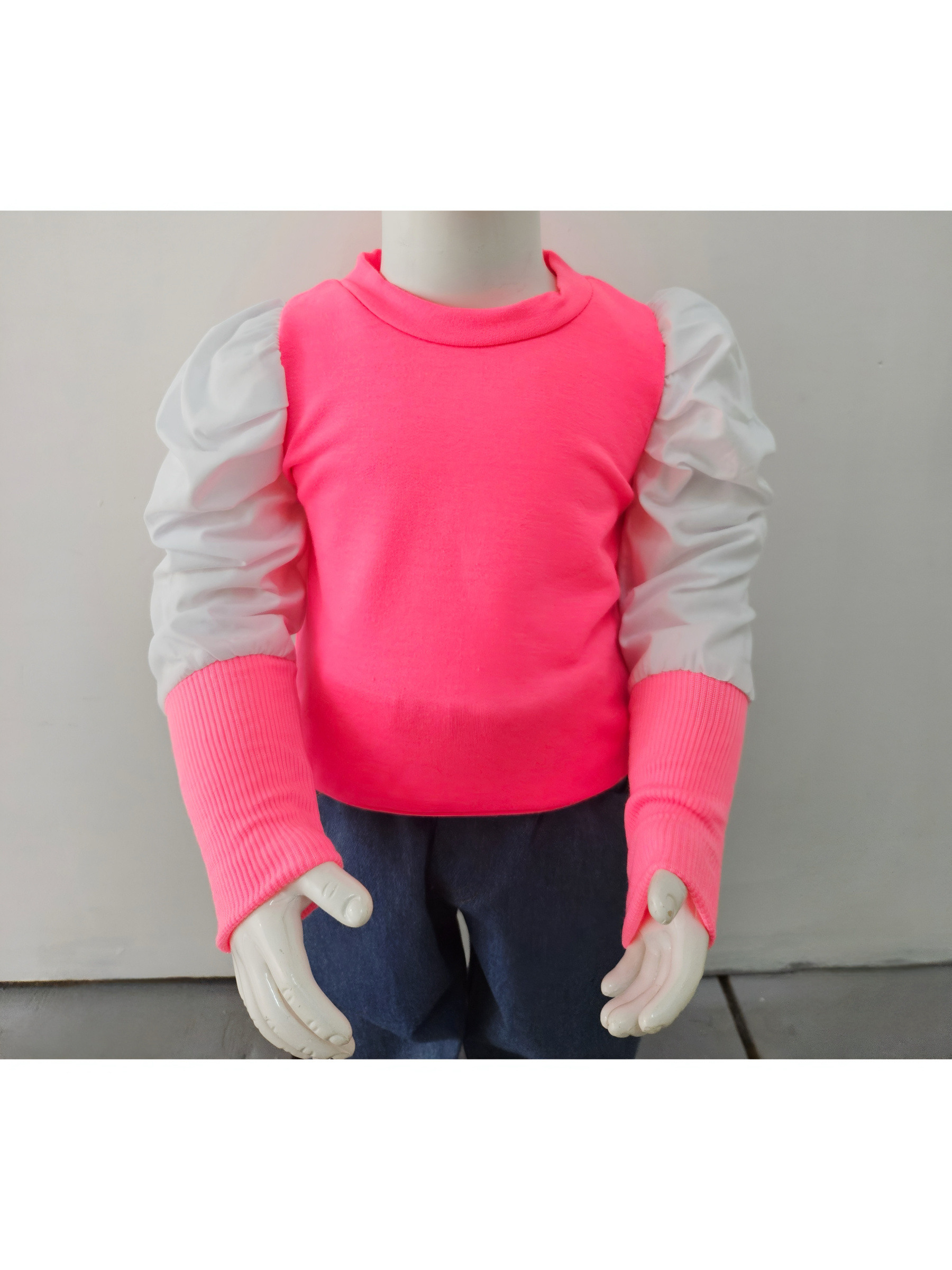 Grossiste Chicaprie - Pull Manches Bouffantes Popelines Bicolore Style Urbain Bébé Fille