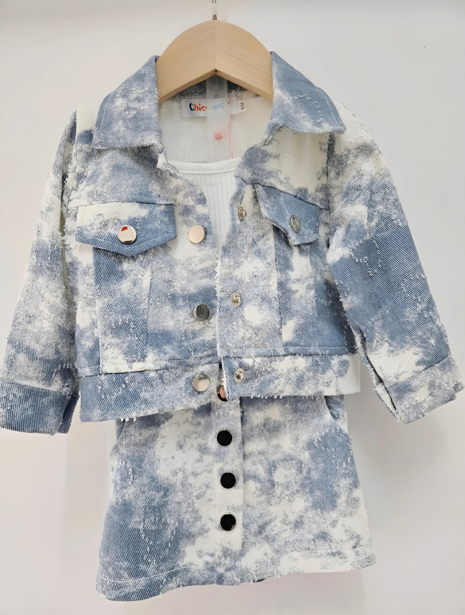 Wholesaler Chicaprie - Set Jacket And Skirt Jeans Degraded And Buttoned Urban With Plain Top Finely Ribbed Baby Girl