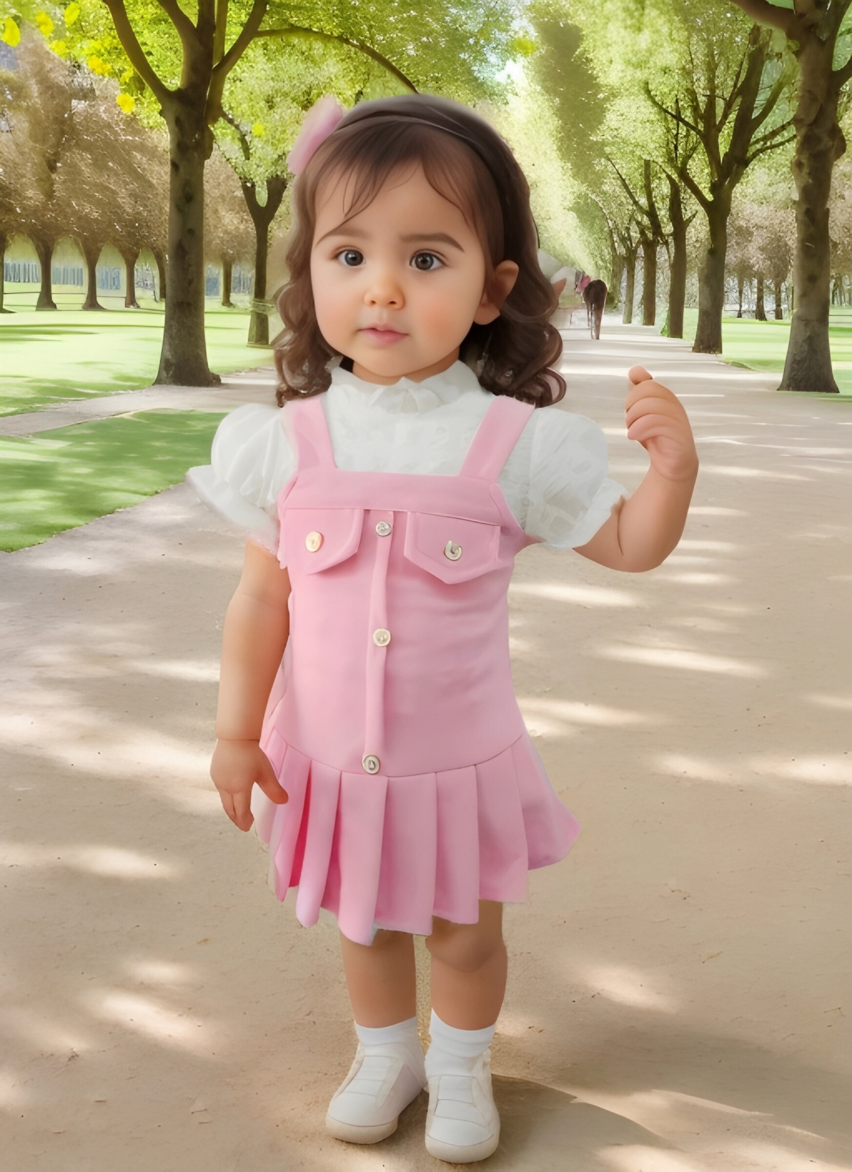 Grossiste Chicaprie - Ensemble Robe Bretelle Bas Plissé Avec Tos Uni Relief Bébé Fille