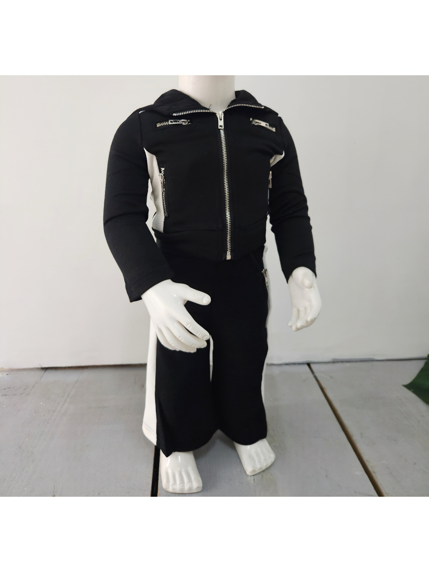 Grossiste Chicaprie - Ensemble Gilet À Capuche Zip Et Jogging Bicolore Style Sport Rétro Bébé Fille