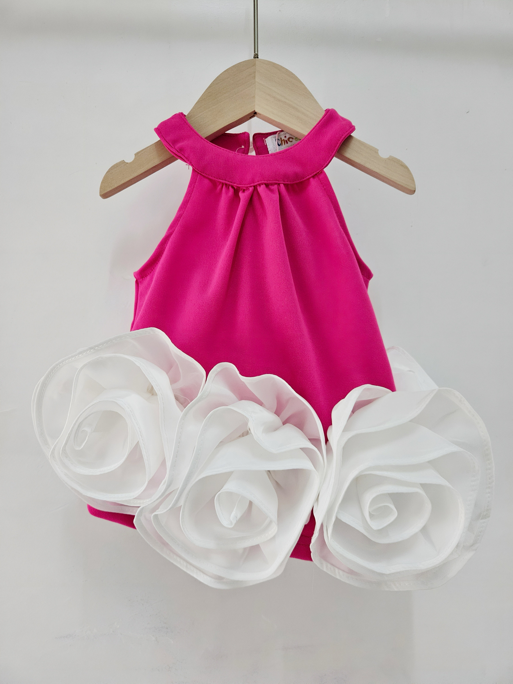 Wholesaler Chicaprie - Solid Sleeveless Flowy Dress With Raised Pink Flowers Baby Girl