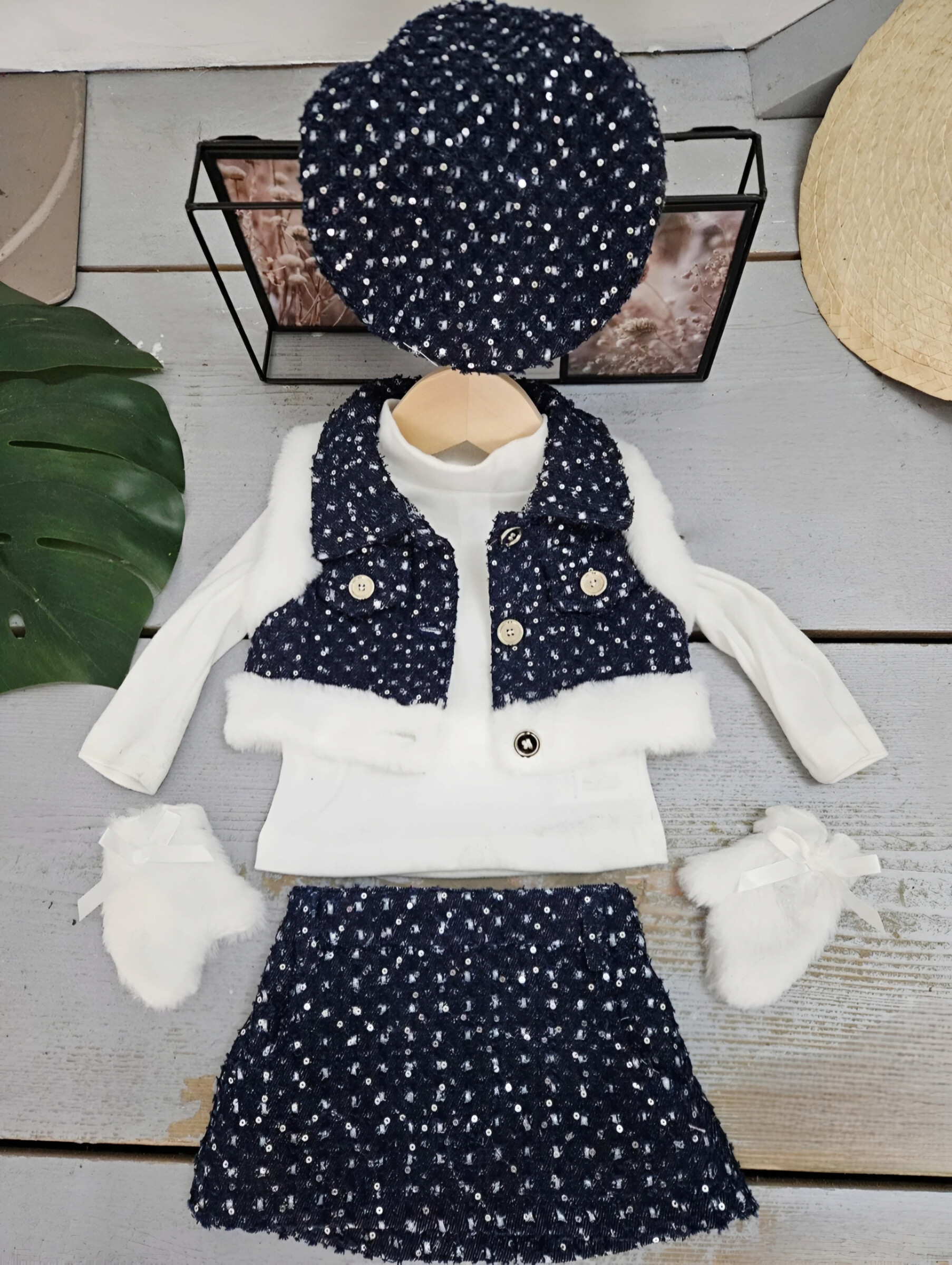 Mayorista Chicaprie - Conjunto de Chaleco y Falda Corta Brillantes con Camiseta Lisa y Manoplas de Piel Sintética con Lazos para Bebé Niña