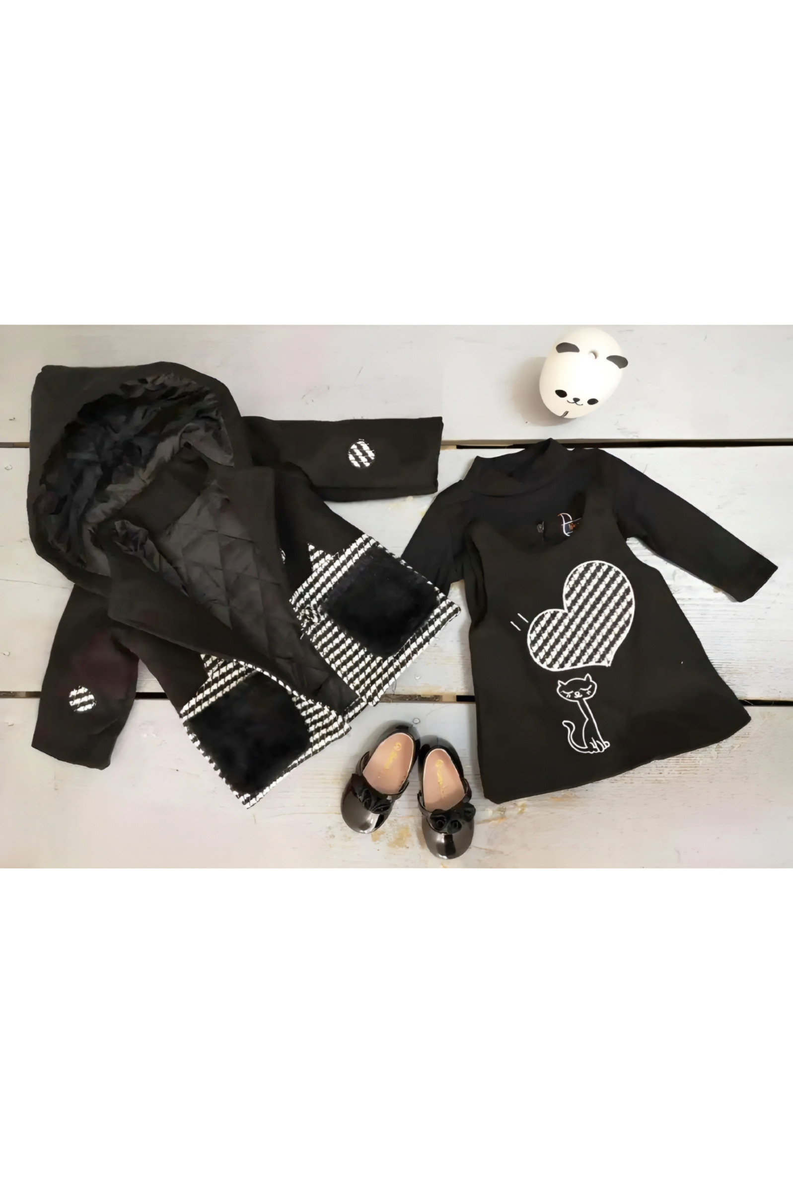 Grossiste Chicaprie - Ensemble Manteau Pied De Poule Avec Robe Coeur Et Chat Bébé Fille