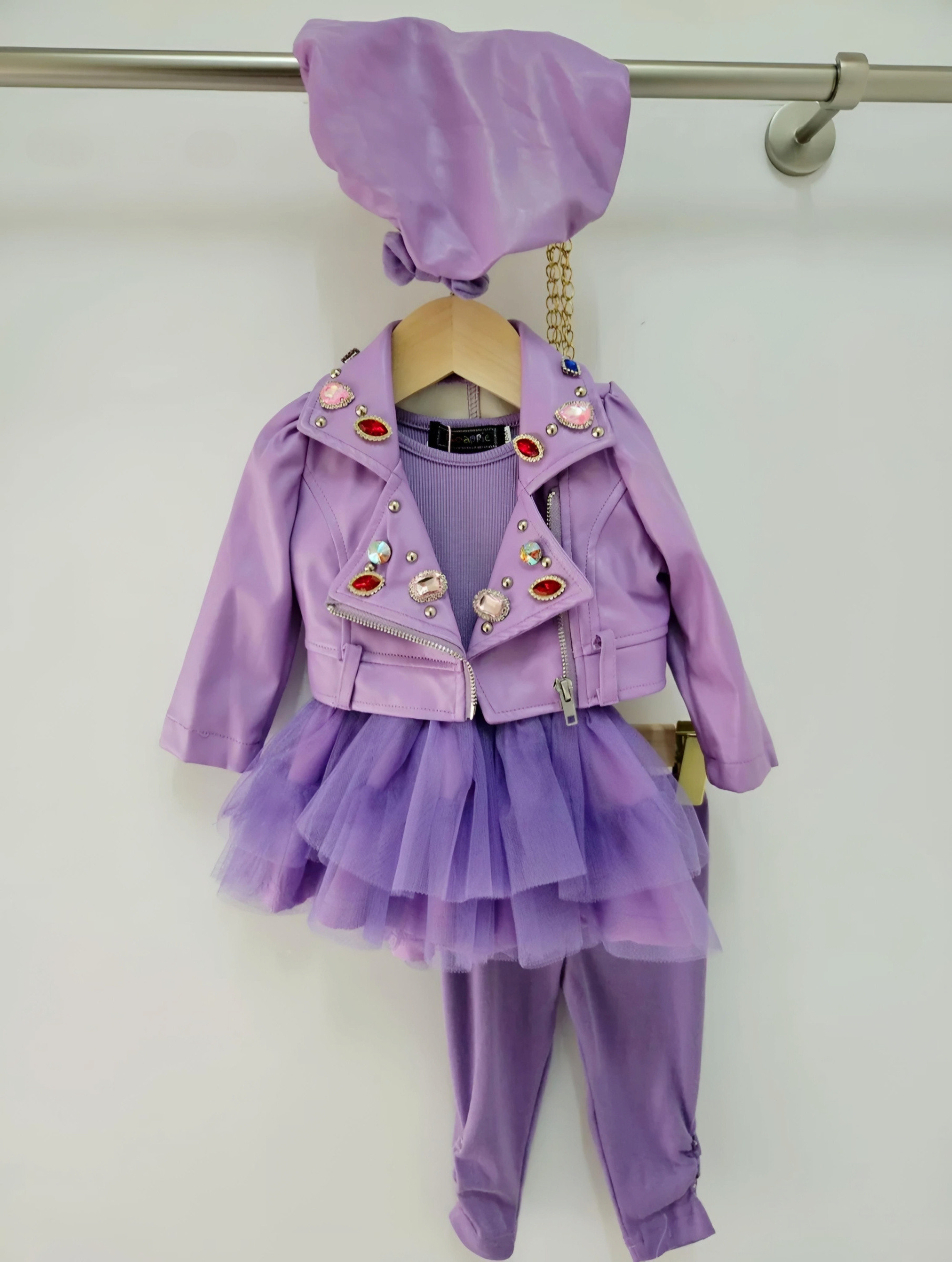 Wholesaler Chicaprie - Faux Leather Blazer Set with Fake Stones and Bias Zip, Plain Dress with Baby Girl Veil
