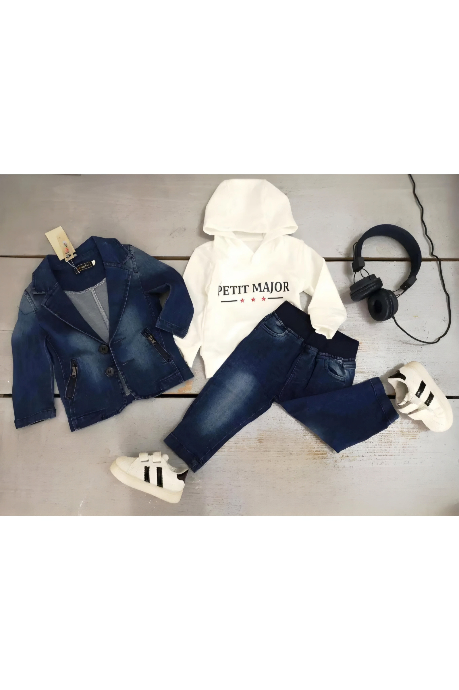Grossiste Chicaprie - Ensemble Veste Blazer Et Pantalon Denim Avec Sweat Sport Urbain Streetwear Bébé Garçon