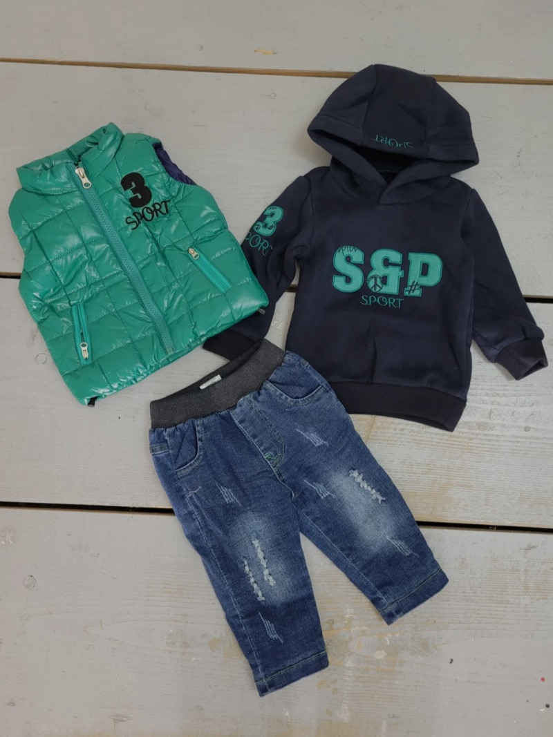 Grossiste Chicaprie - Ensemble Doudoune Matelassée Sans Manches Sweat À Capuche Et Jean Urbain Sport Bébé Garçon
