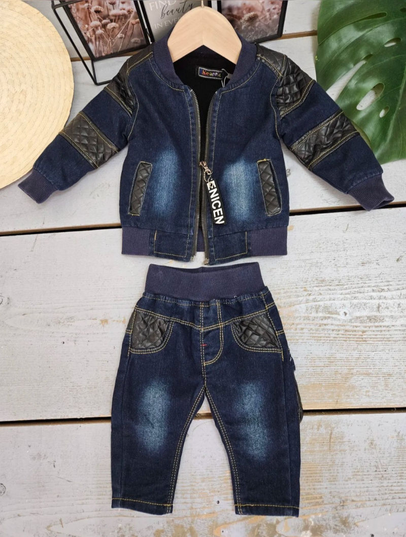 Grossiste Chicaprie - Ensemble Veste Et Pantalon Jeans Et Simili Cuir Bébé Garçon