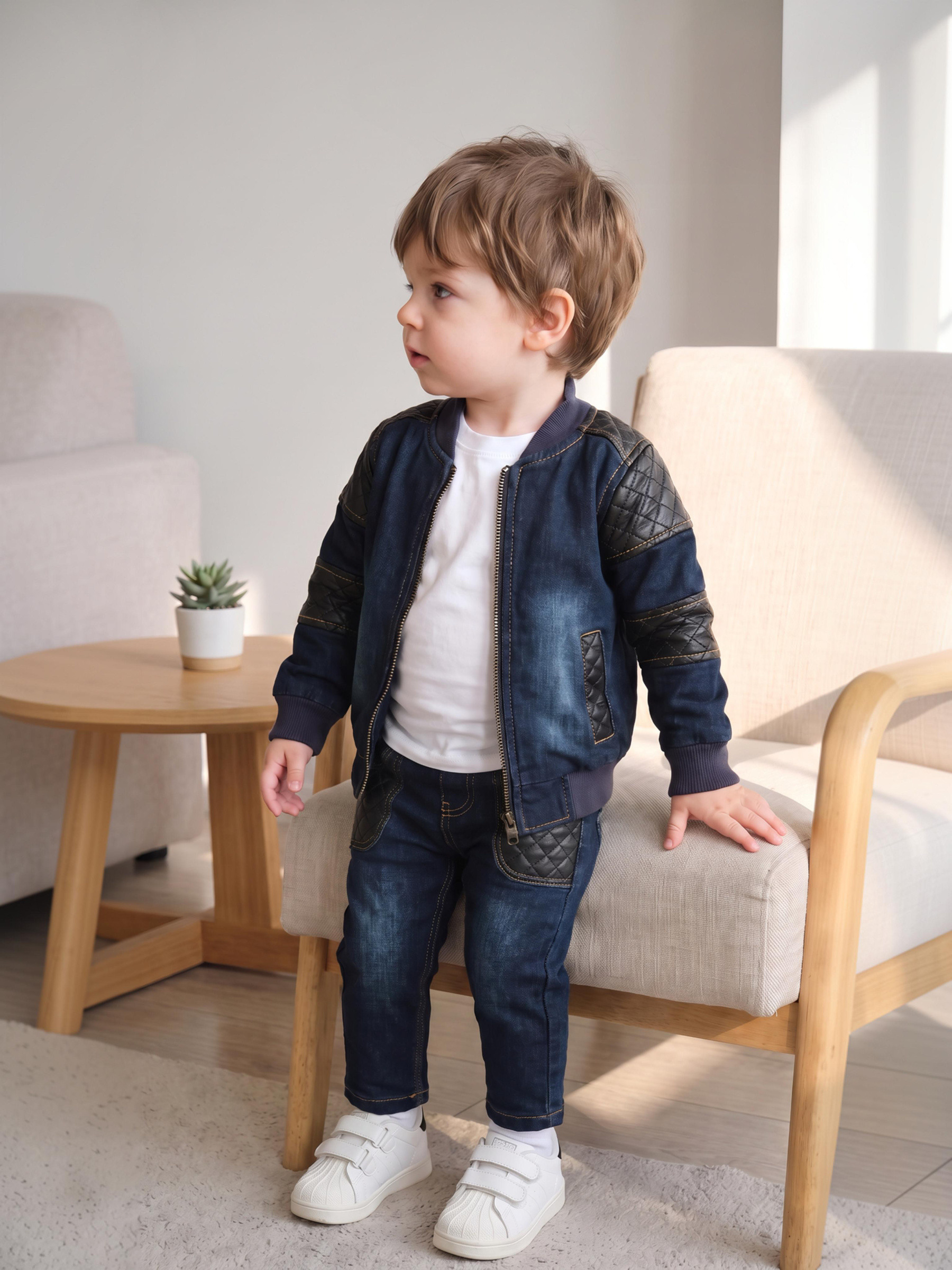 Wholesaler Chicaprie - Baby boy urban biker style denim and faux leather jacket and pants set