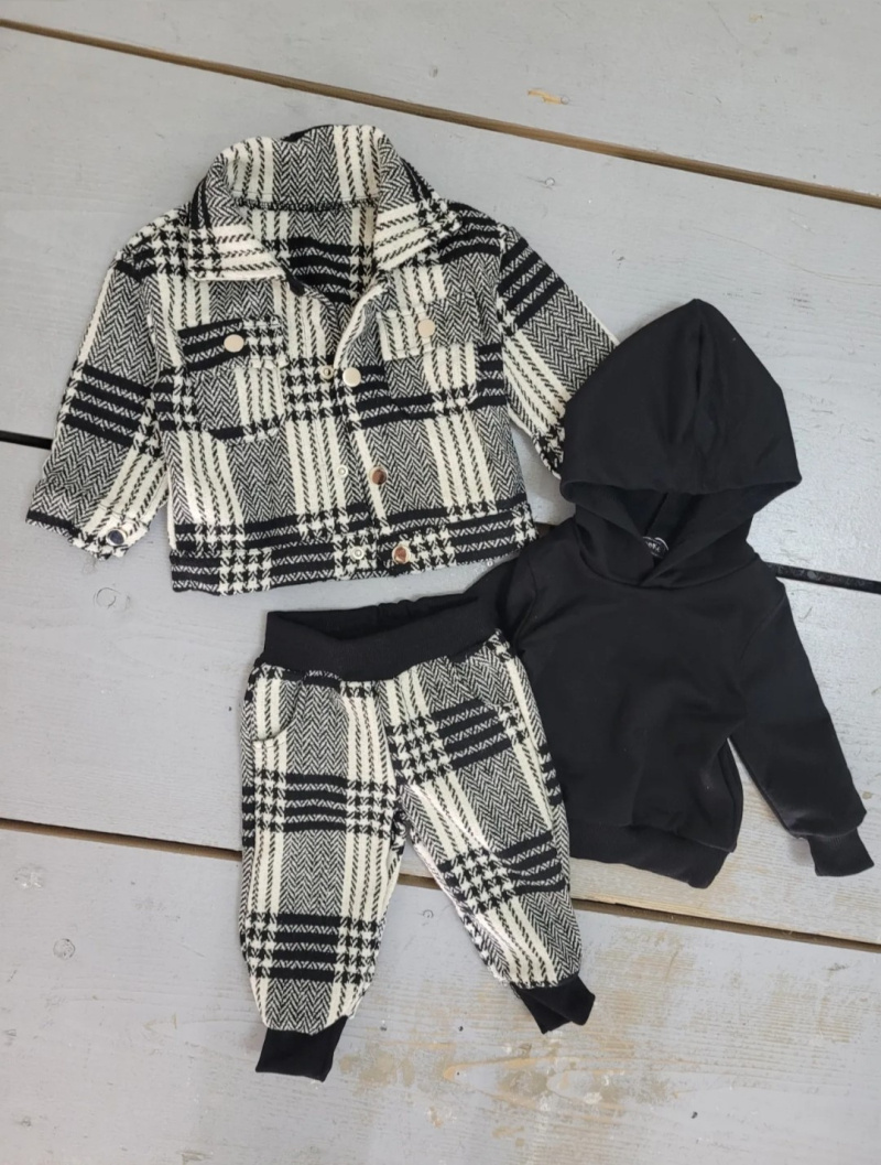 Wholesaler Chicaprie - Baby Boy's Checked Jacket, Checked Trousers and Plain Sweatshirt Set