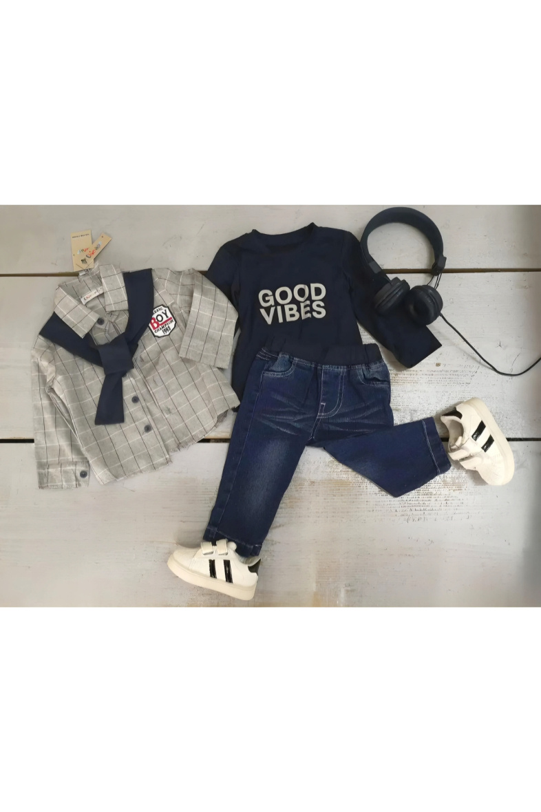 Grossista Chicaprie - Completino per neonato composto da camicia a quadri e jeans con foulard, stile urban chic