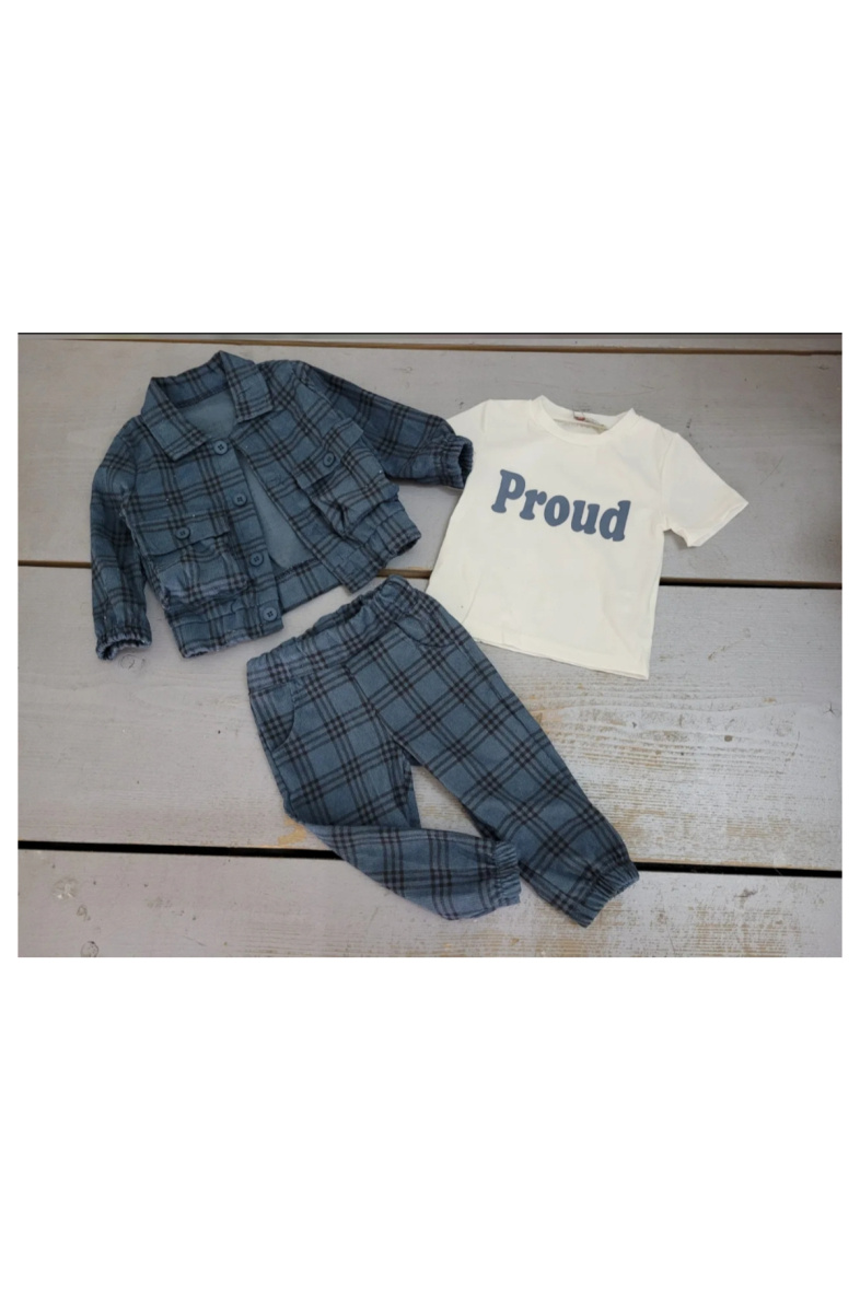 Grossiste Chicaprie - Ensemble Veste Et Pantalon Légère A Carreaux Rayures, Tee-Shirt Uni Bébé Garçon