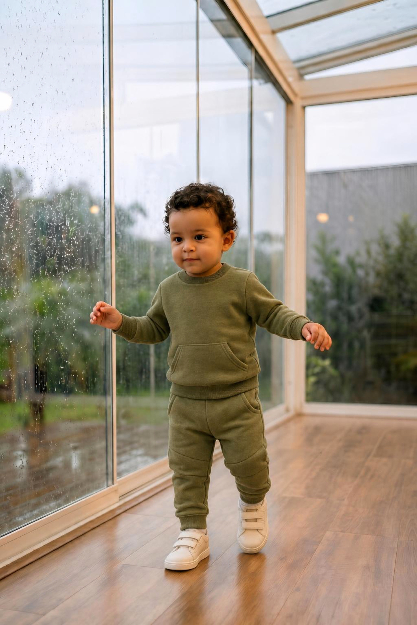 Wholesaler Chicaprie - Baby boy's tracksuit set with a fleece lining, including a sweatshirt and jogging pants in a solid color