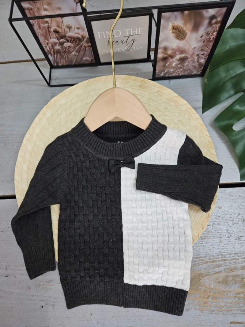 Grossiste Chicaprie - Pull Manches Longues Maille Texturé Bicolore Noeud Bébé Garçon