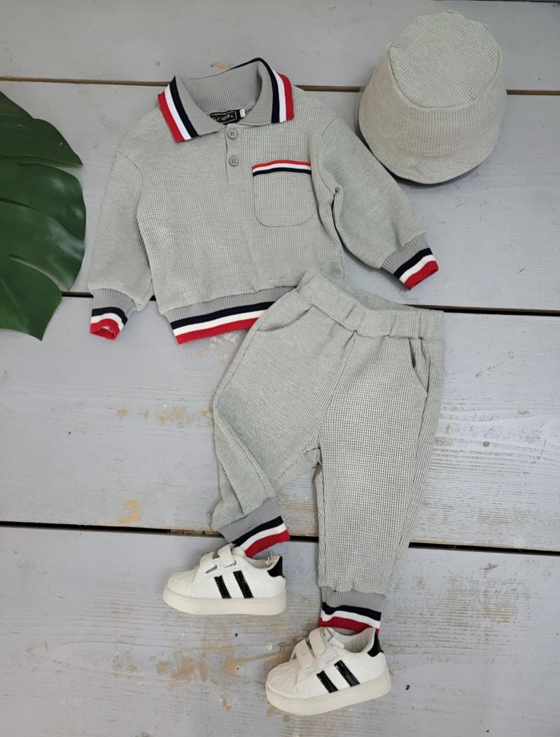 Wholesaler Chicaprie - Solid color sweater and pants set with tricolor stripes, golf style, for baby boy