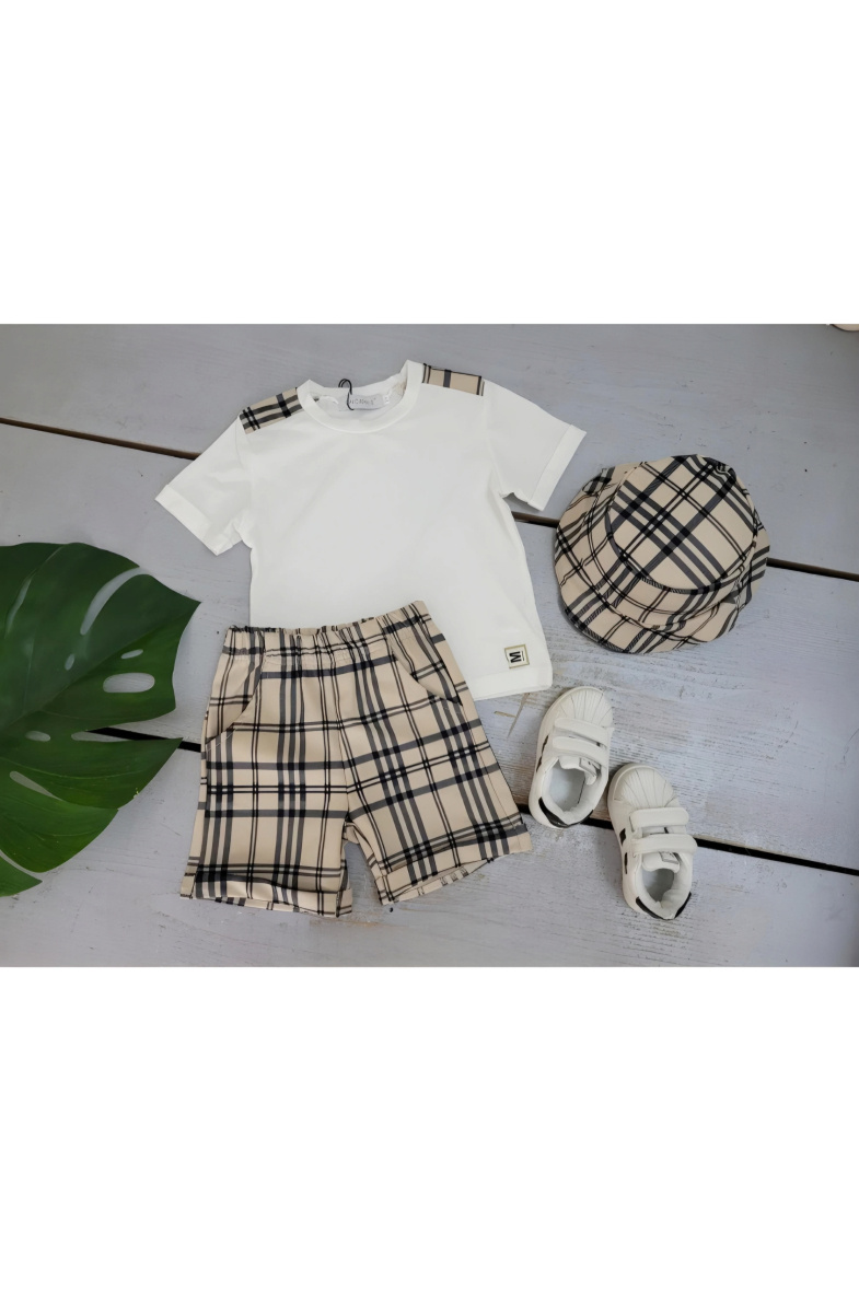 Wholesaler Chicaprie - Baby Boy's Checked Top And Shorts Set With Bucket Hat