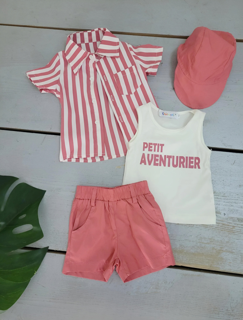 Wholesaler Chicaprie - Baby Boy's Seaside Set Striped Shirt, Tank Top, Shorts and Cap