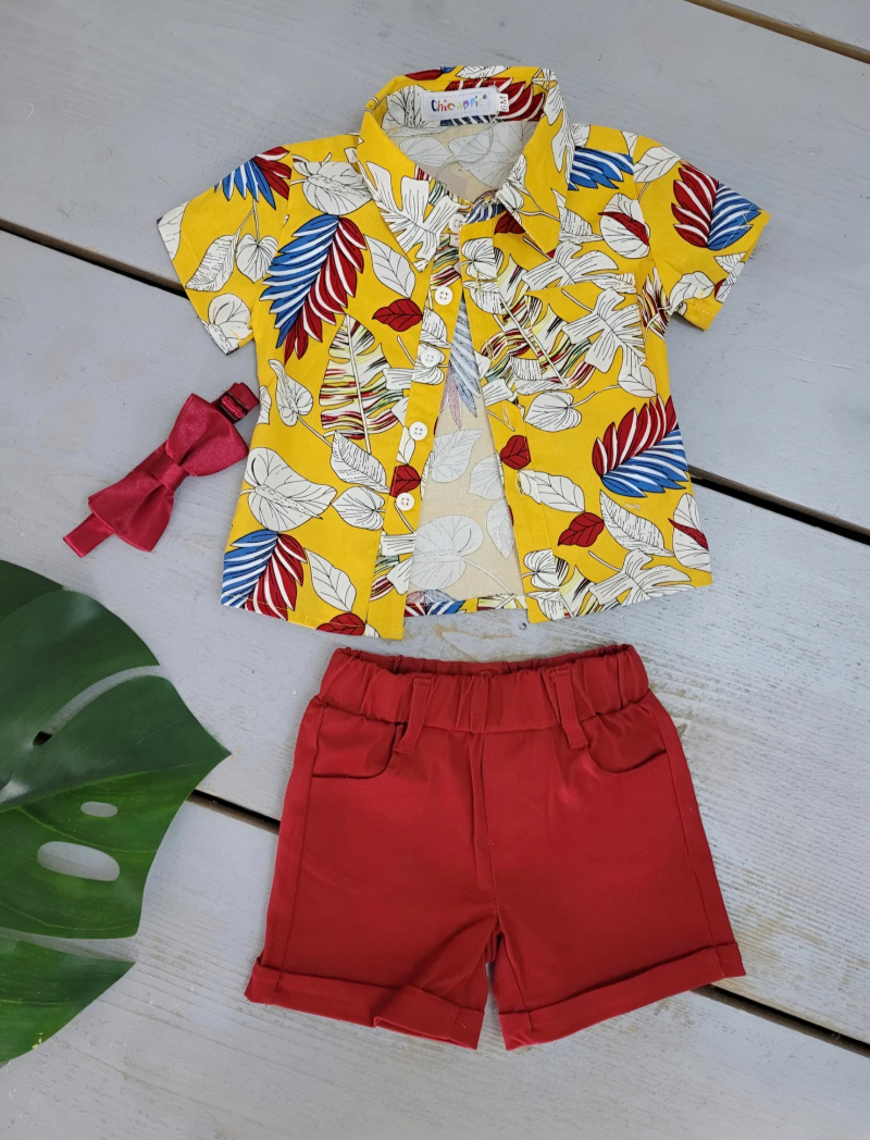 Großhändler Chicaprie - Set aus geblümtem Hemd und schlichten Shorts für Babys mit Fliege