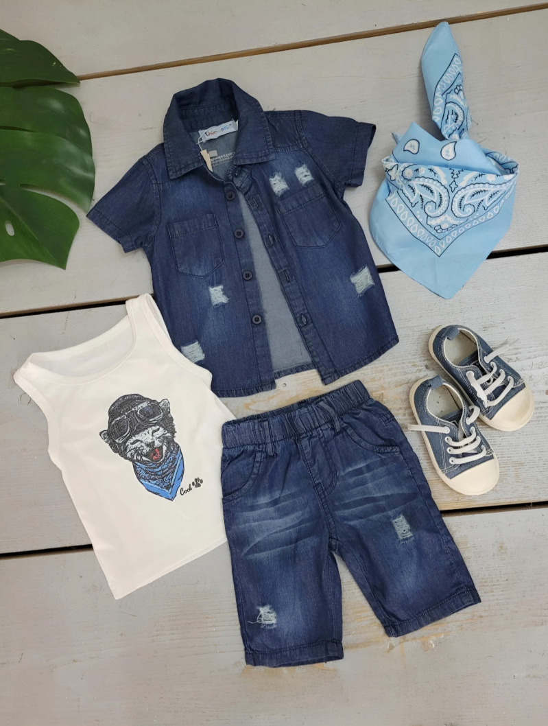 Mayorista Chicaprie - Conjunto Bebé Niño Camisa Vaquera y Pantalón Corto