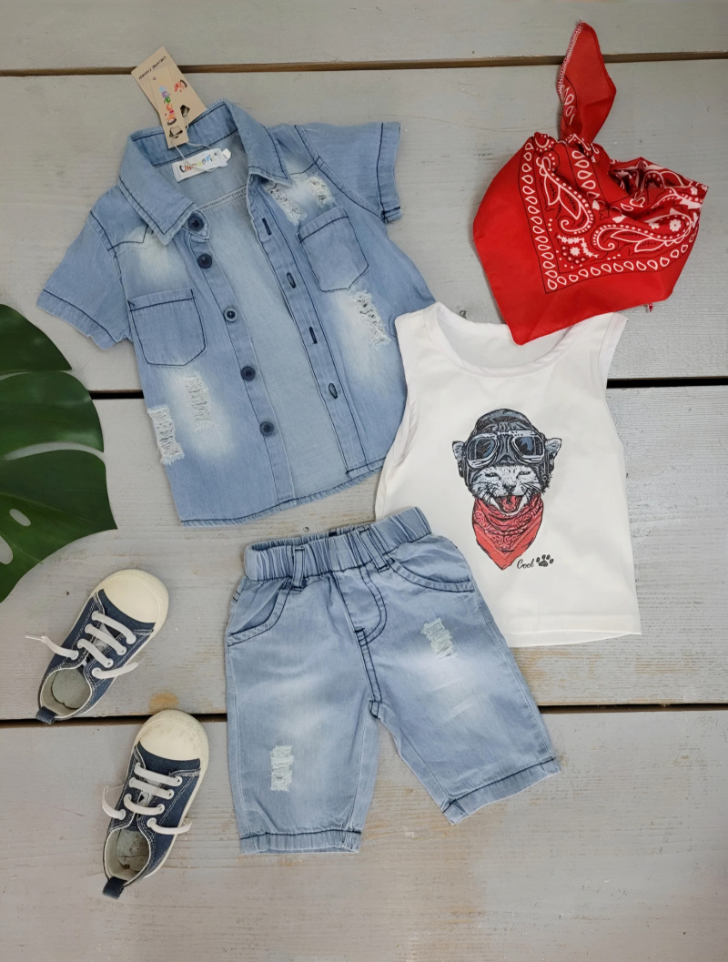 Mayorista Chicaprie - Conjunto Bebé Niño Camisa Vaquera y Pantalón Corto Estilo Biker