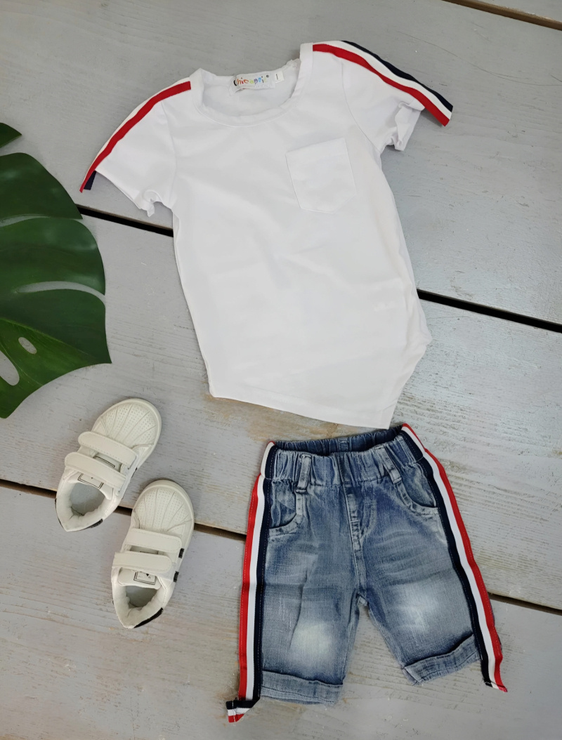Wholesaler Chicaprie - Baby Boy's Sports Tricolor Stripe Jeans Top And Cropped Trousers Set