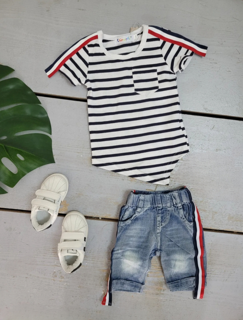 Großhändler Chicaprie - Sport-Set aus dreifarbig gestreiftem Jeans-Oberteil und verkürzter Hose für Babys