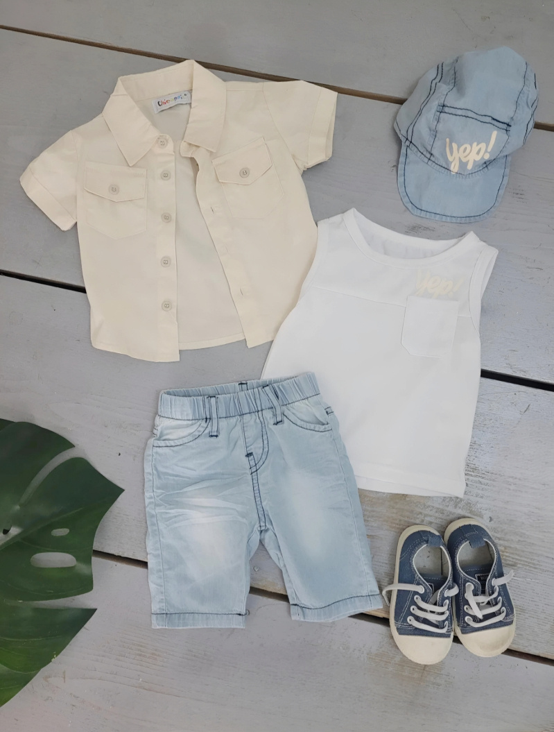Grossiste Chicaprie - Ensemble Chemise Uni Et Pantacourt Jean Et Casquette Bébé Garçon
