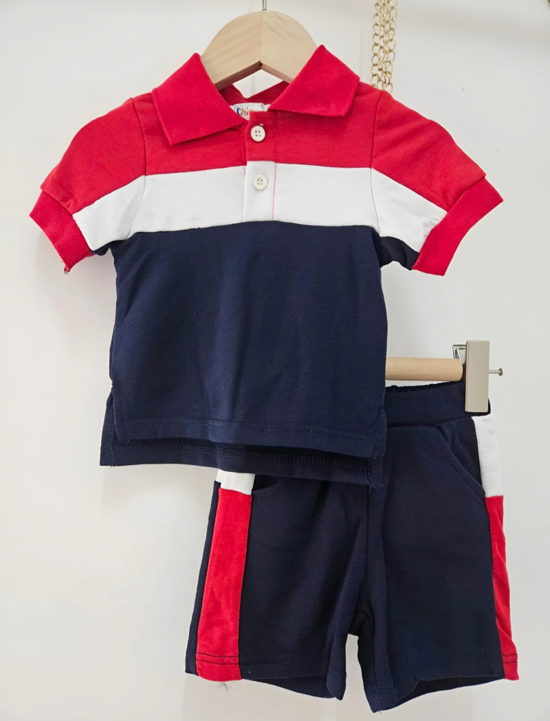 Wholesaler Chicaprie - Baby Boy's Tricolor Buttoned T-Shirt And Jogging Shorts Sports Set