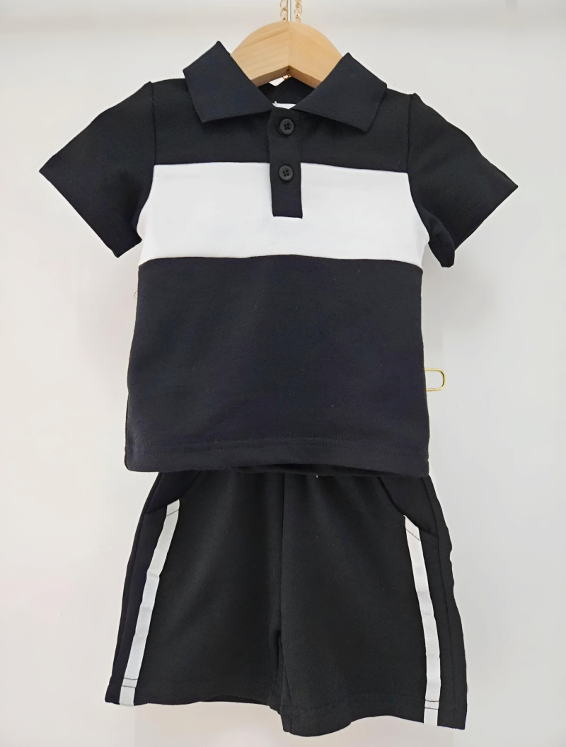Grossiste Chicaprie - Ensemble Tee-Shirt Col Polo Boutons Et Short A Bande Sportif Bébé Garçon